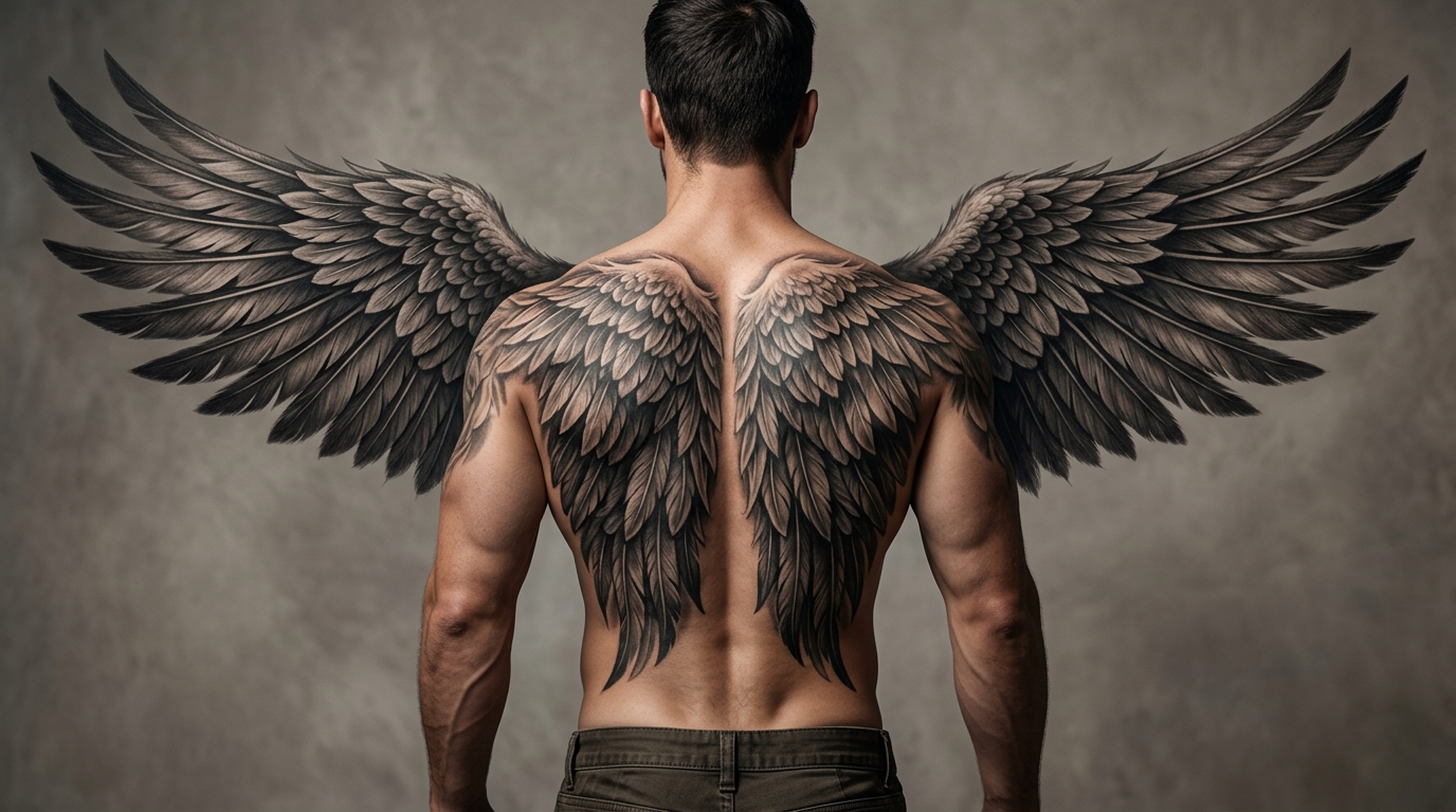 Мужская тату крылья ангела на всю спину в стиле реализм