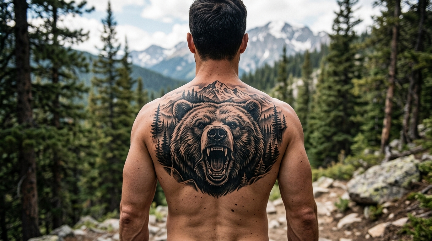 Мужская тату медведь с оскалом в реализме на спине