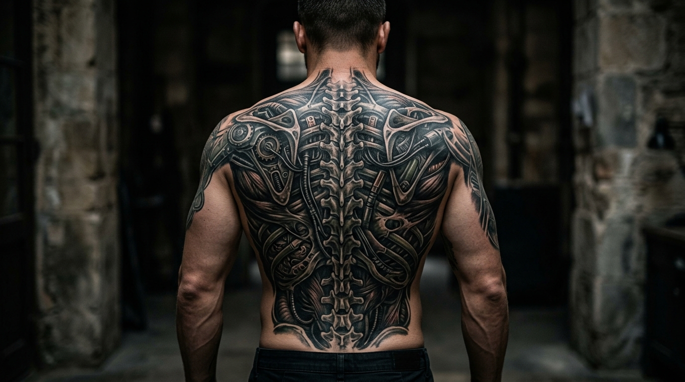 Мужская тату биомеханика на спине — механические части вдоль позвоночника