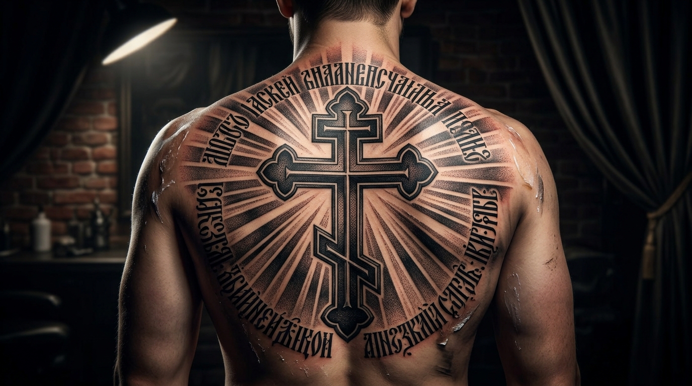 Тату крест на спине мужчины с православной тематикой