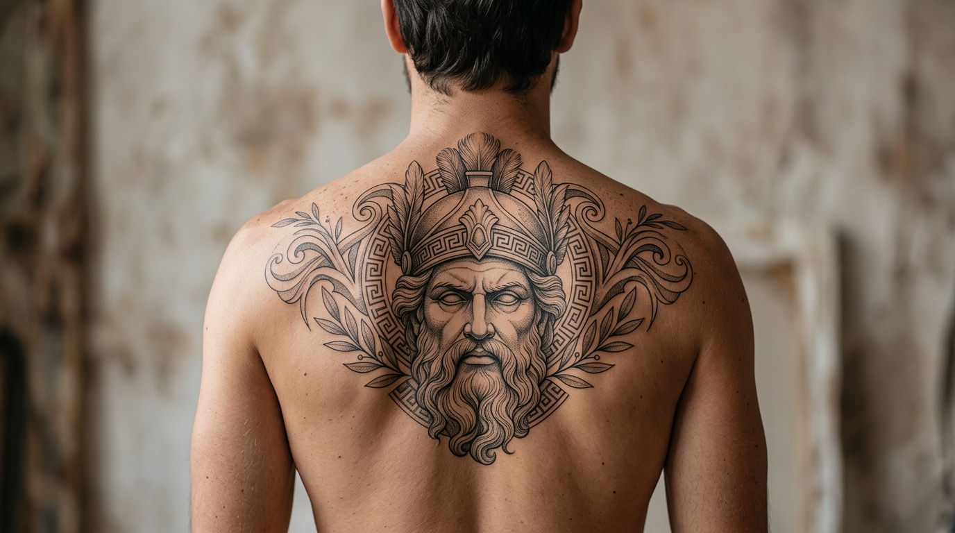 Тату античная статуя Зевса или Ахилла на мужской спине