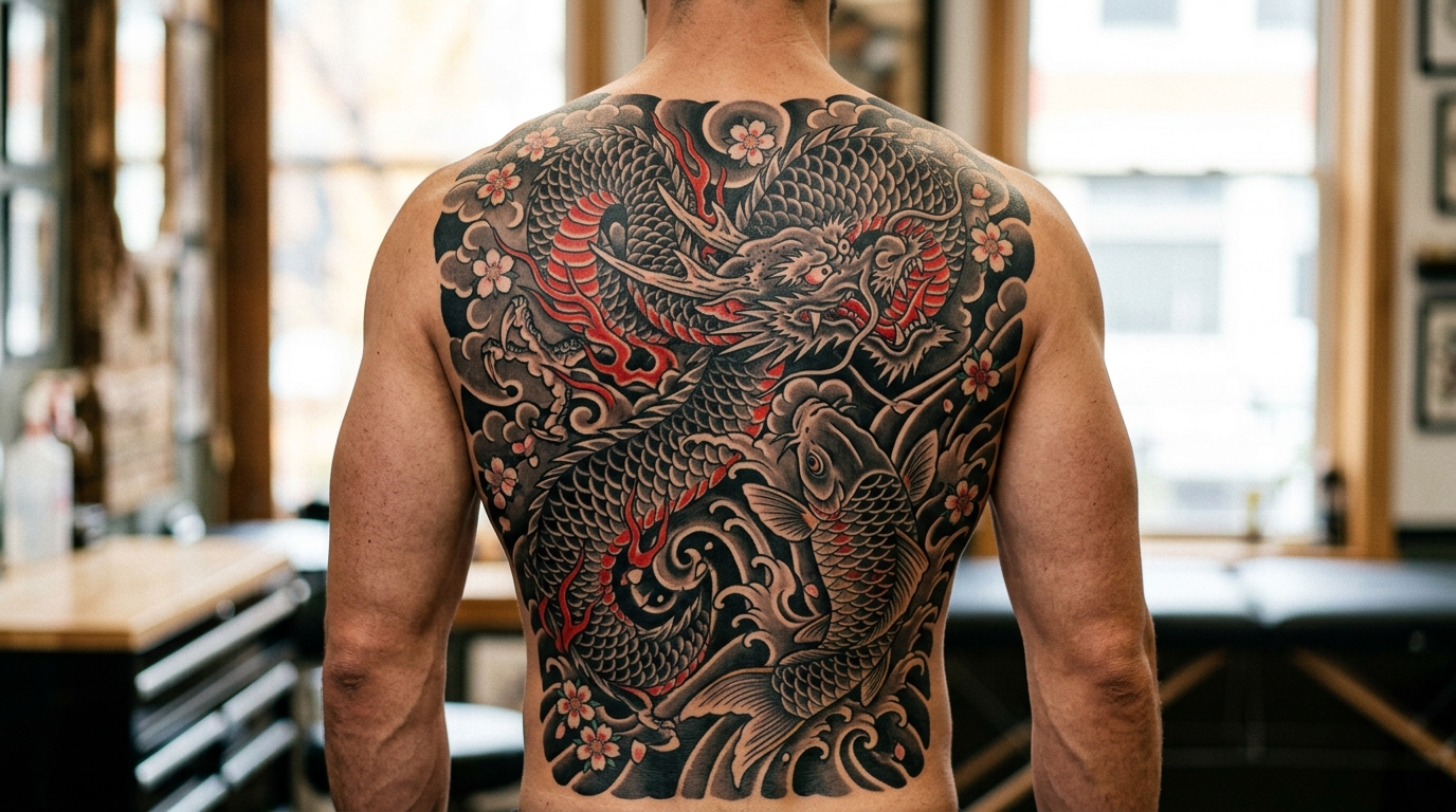 Масштабная мужская тату на всю спину — японский дракон и карпы в стиле ирезуми