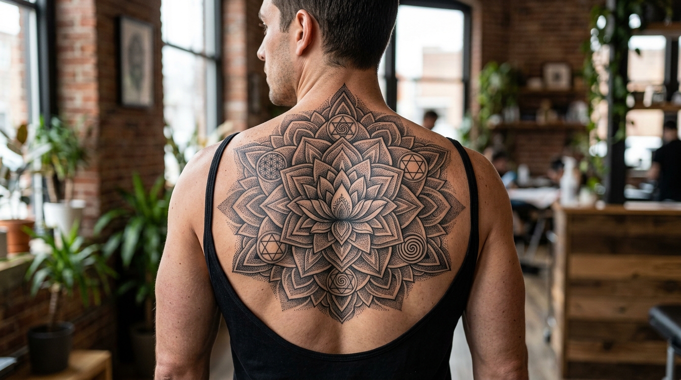 Тату мандала в стиле дотворк на верхней части спины мужчины