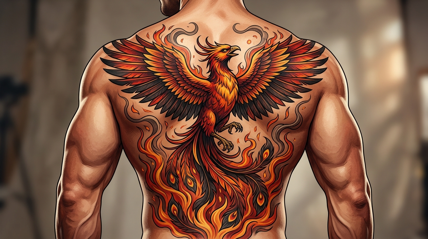 Мужская тату феникс в неотрадишнл стиле на всю спину