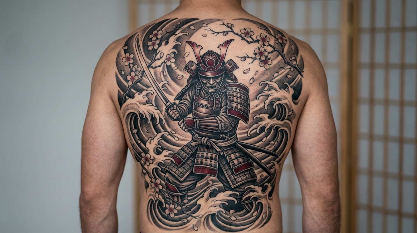 Тату самурай с катаной и волнами на спине в японском стиле