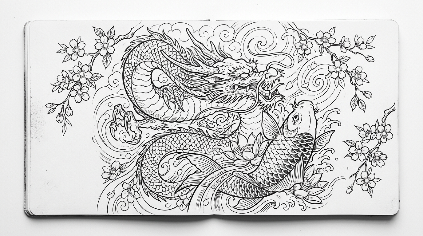 Профессиональный эскиз тату на спину — флеш-арт с драконом и карпами