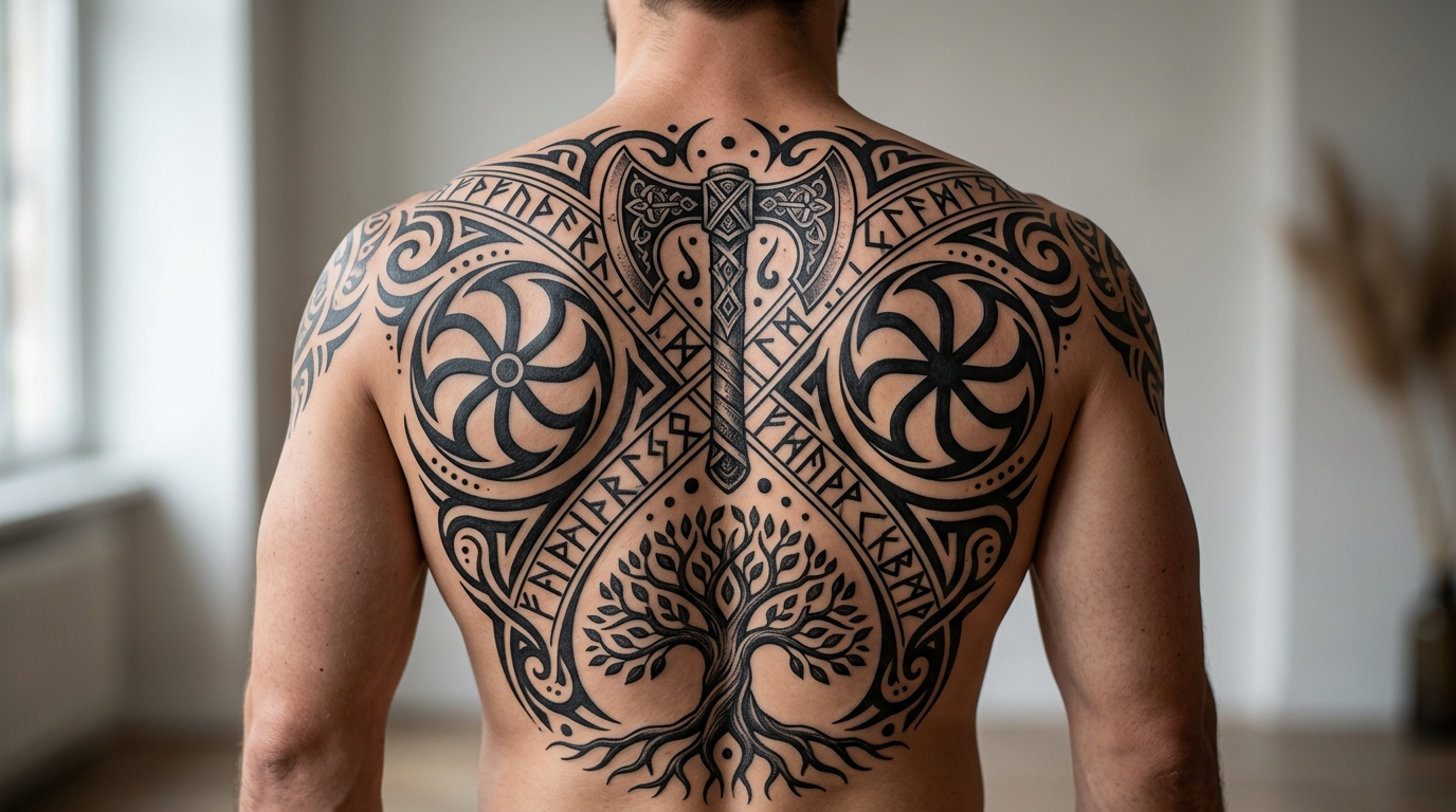 Славянская мужская тату на спине — коловрат и руны