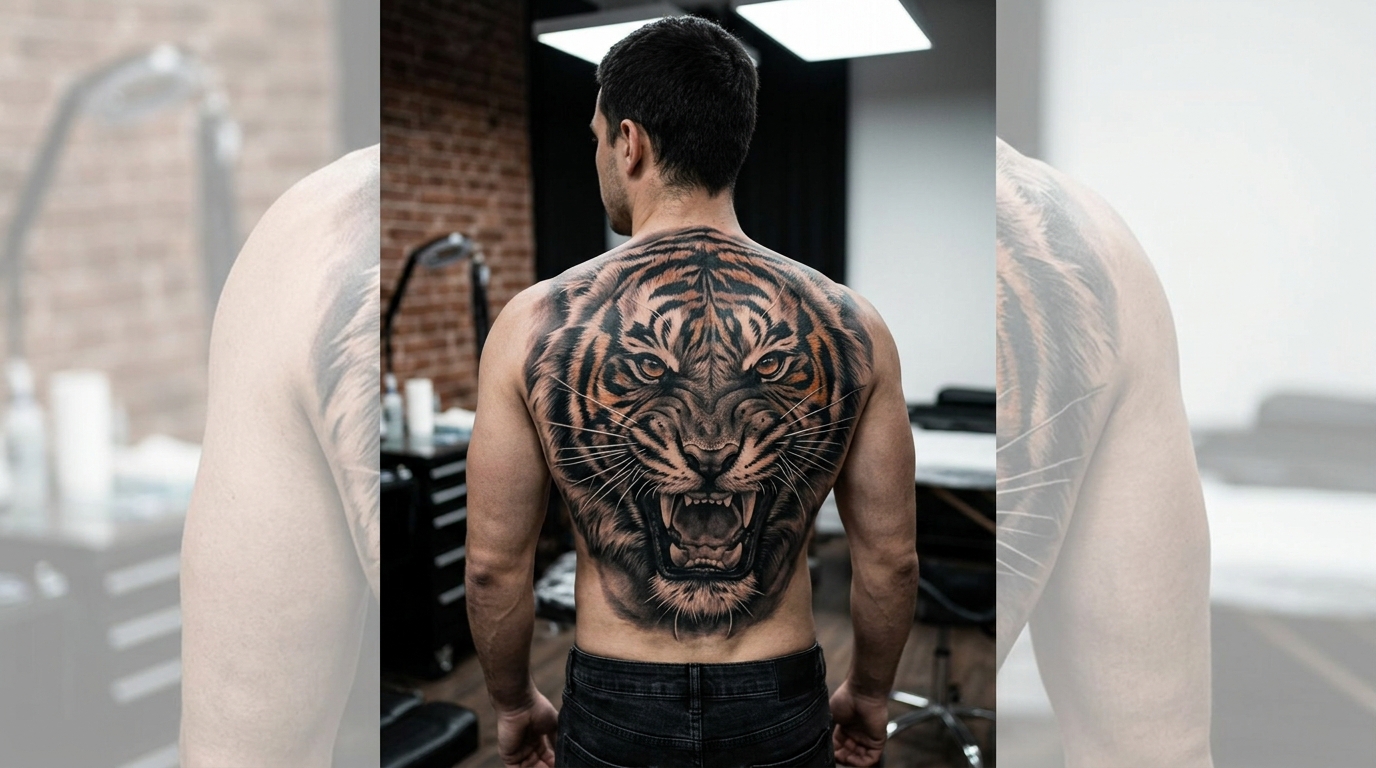 Мужская тату тигр с оскалом в стиле реализм на спине