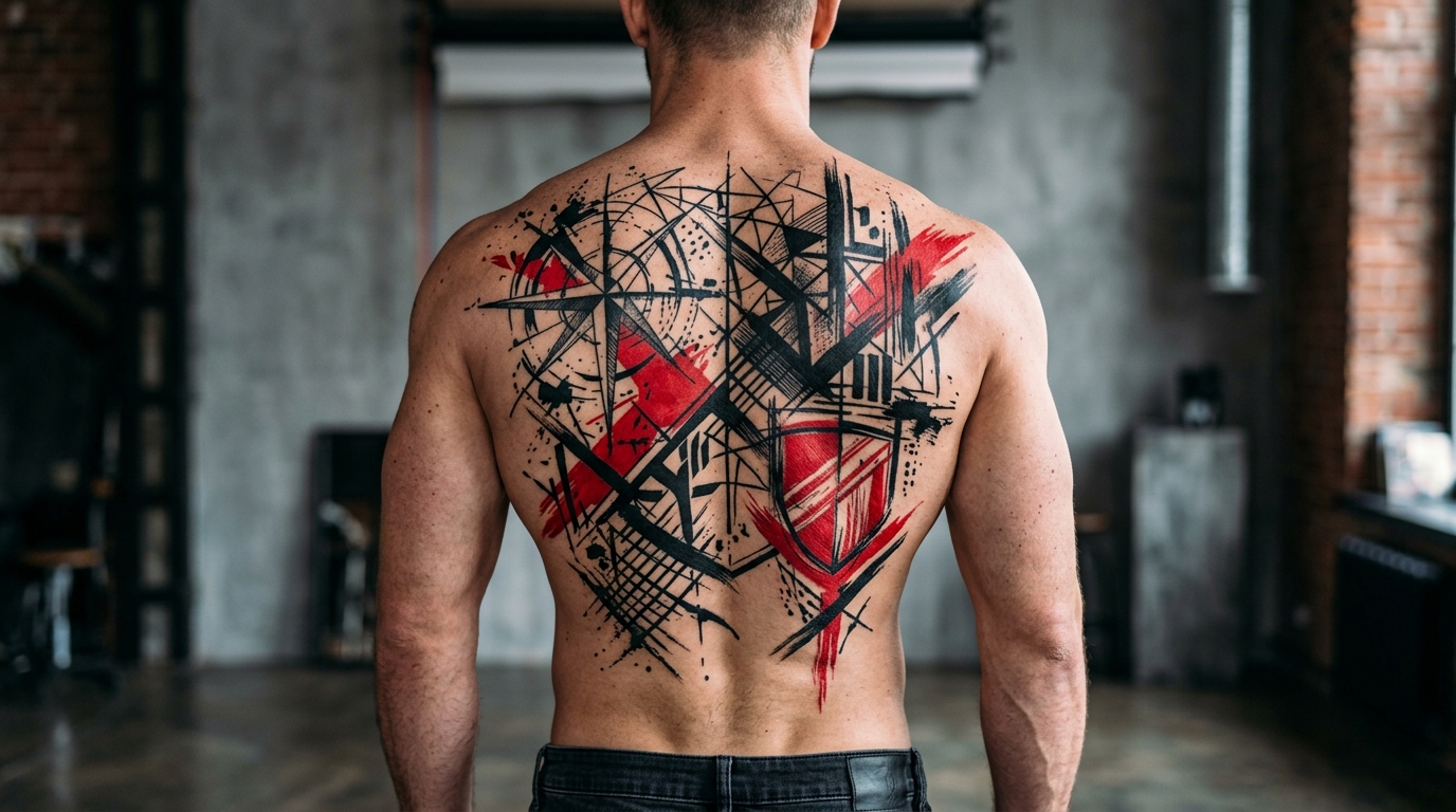 Мужская тату trash polka на спине — чёрные мазки с красными акцентами