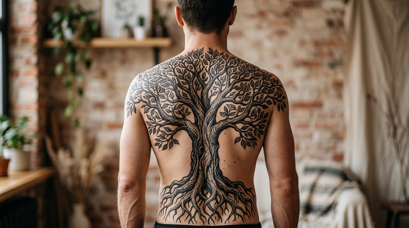 Тату древо жизни с корнями и кроной на всю мужскую спину