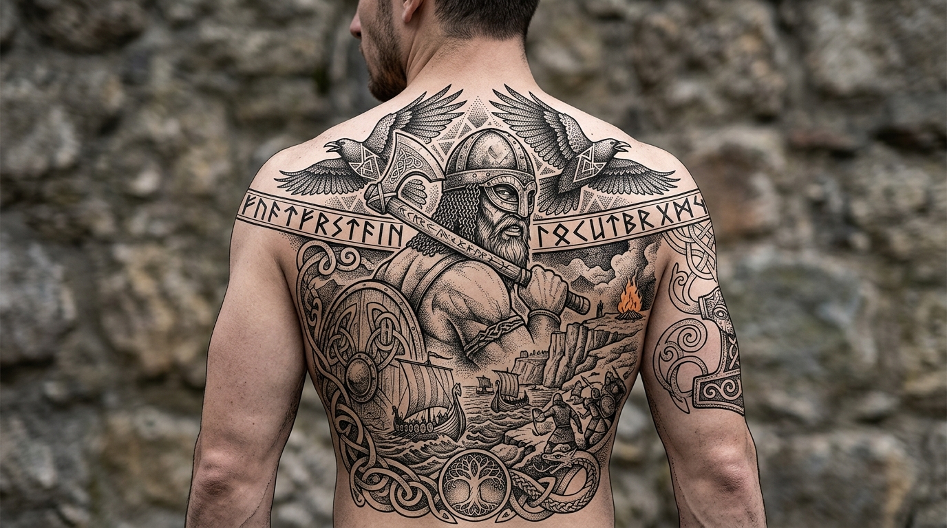Тату викинг с топором и рунами на спине в нордическом стиле