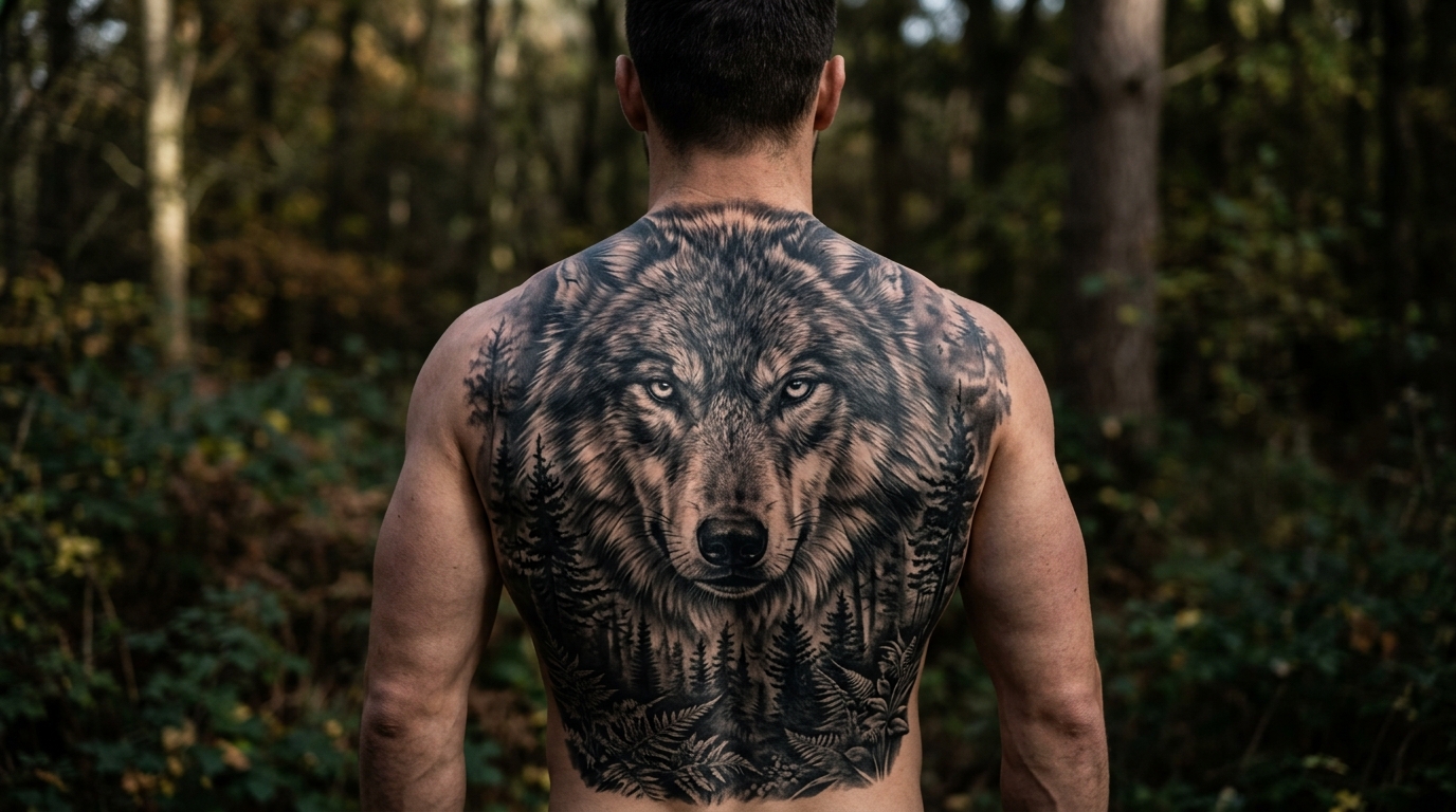 Мужская тату волк на верхней части спины в стиле реализм