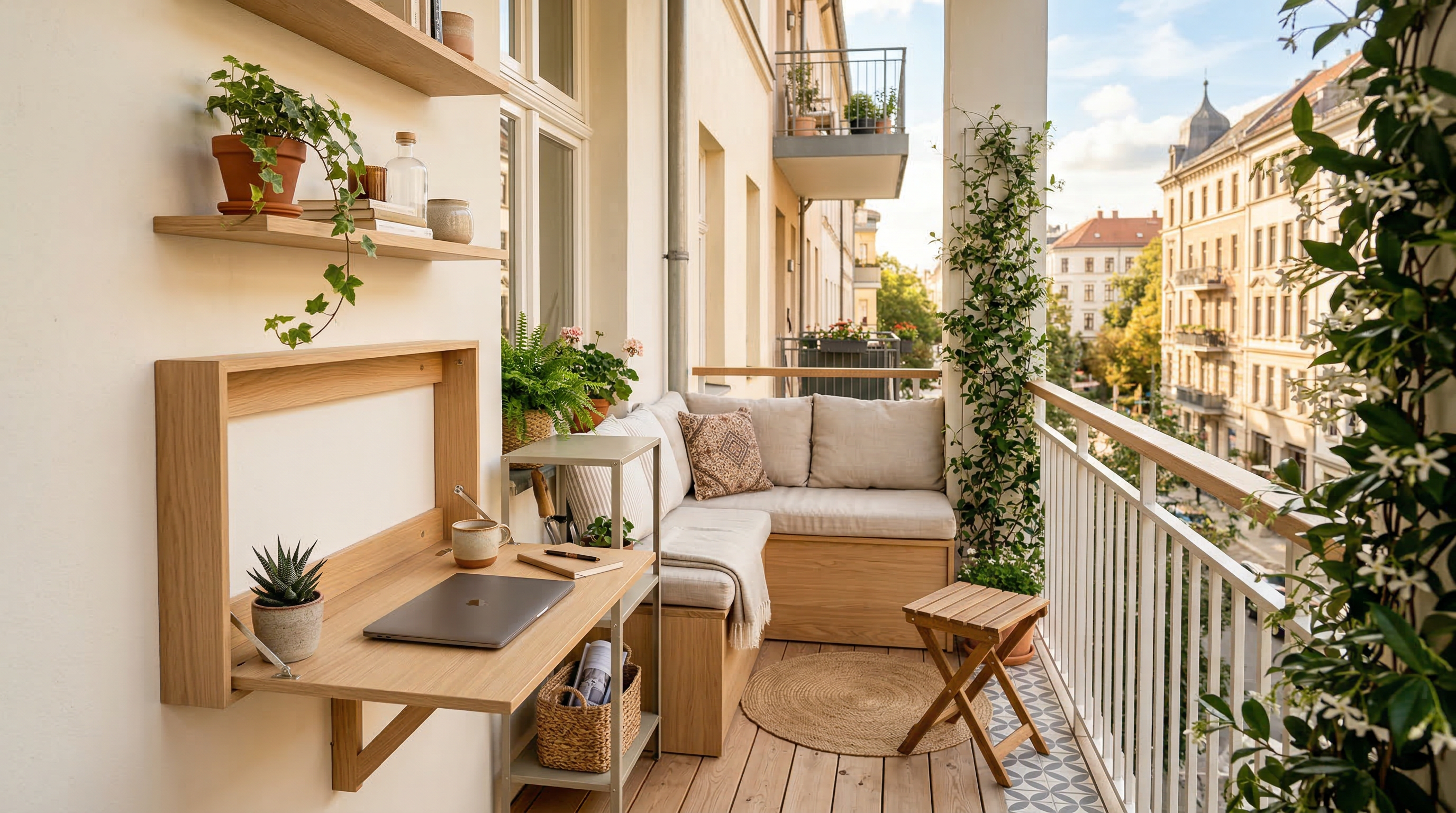 Компактный балкон 3 кв.м с откидным столом, полками и мини-диваном