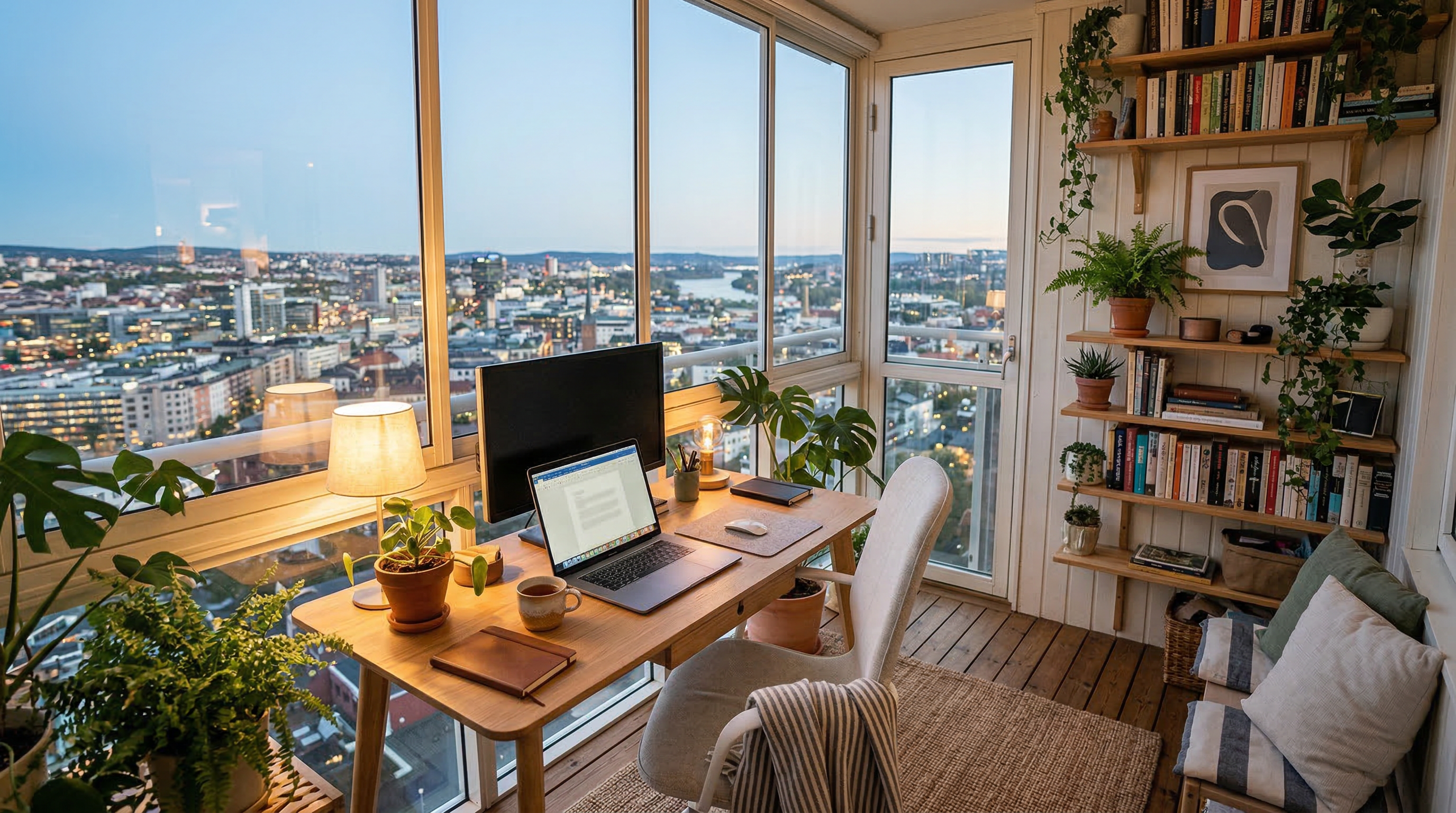 Домашний кабинет на балконе — рабочий стол, монитор, книжные полки и панорамный вид на город