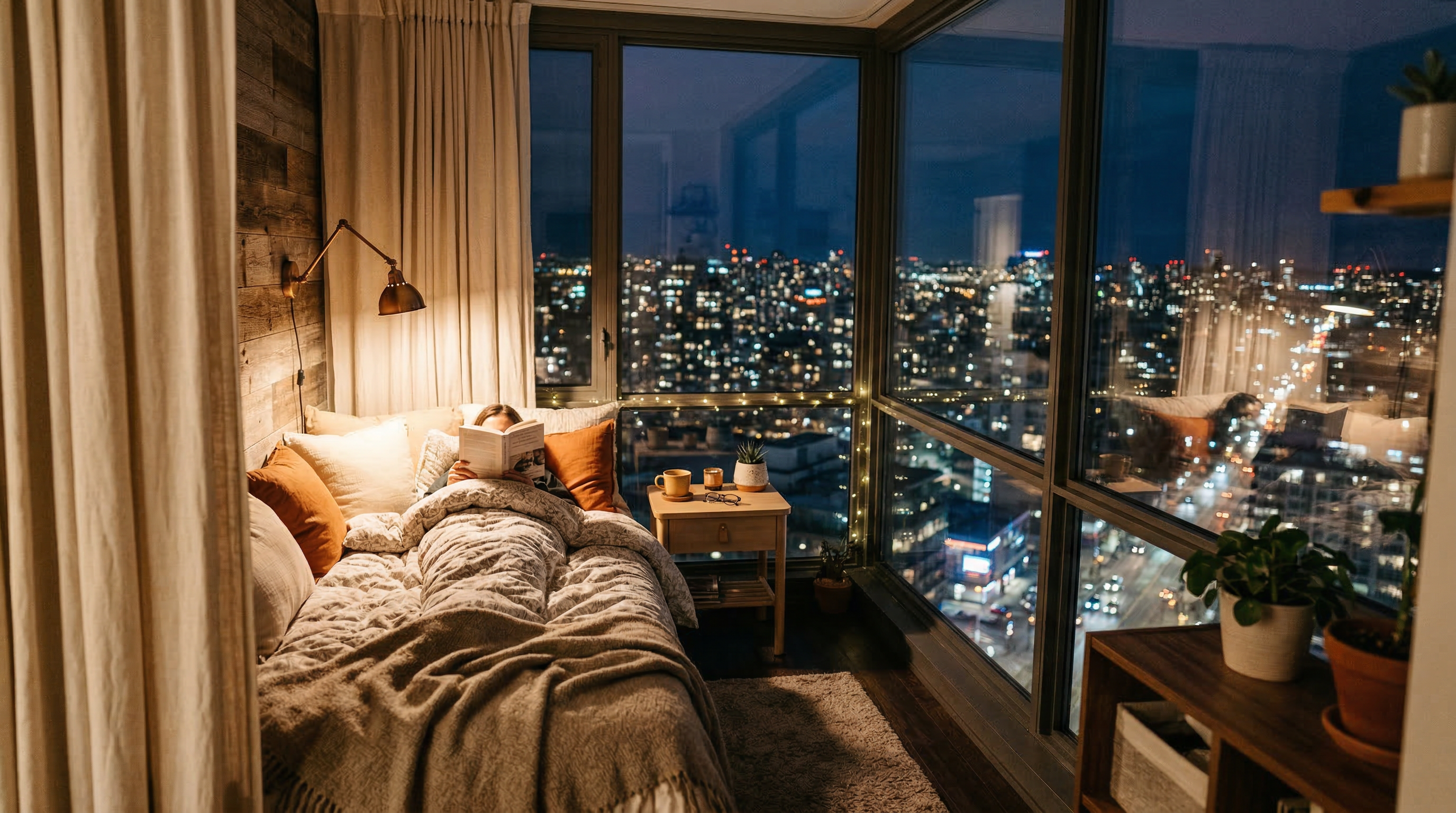 Уютная спальня на балконе — кровать с тёплым пледом, ночной город за панорамными окнами