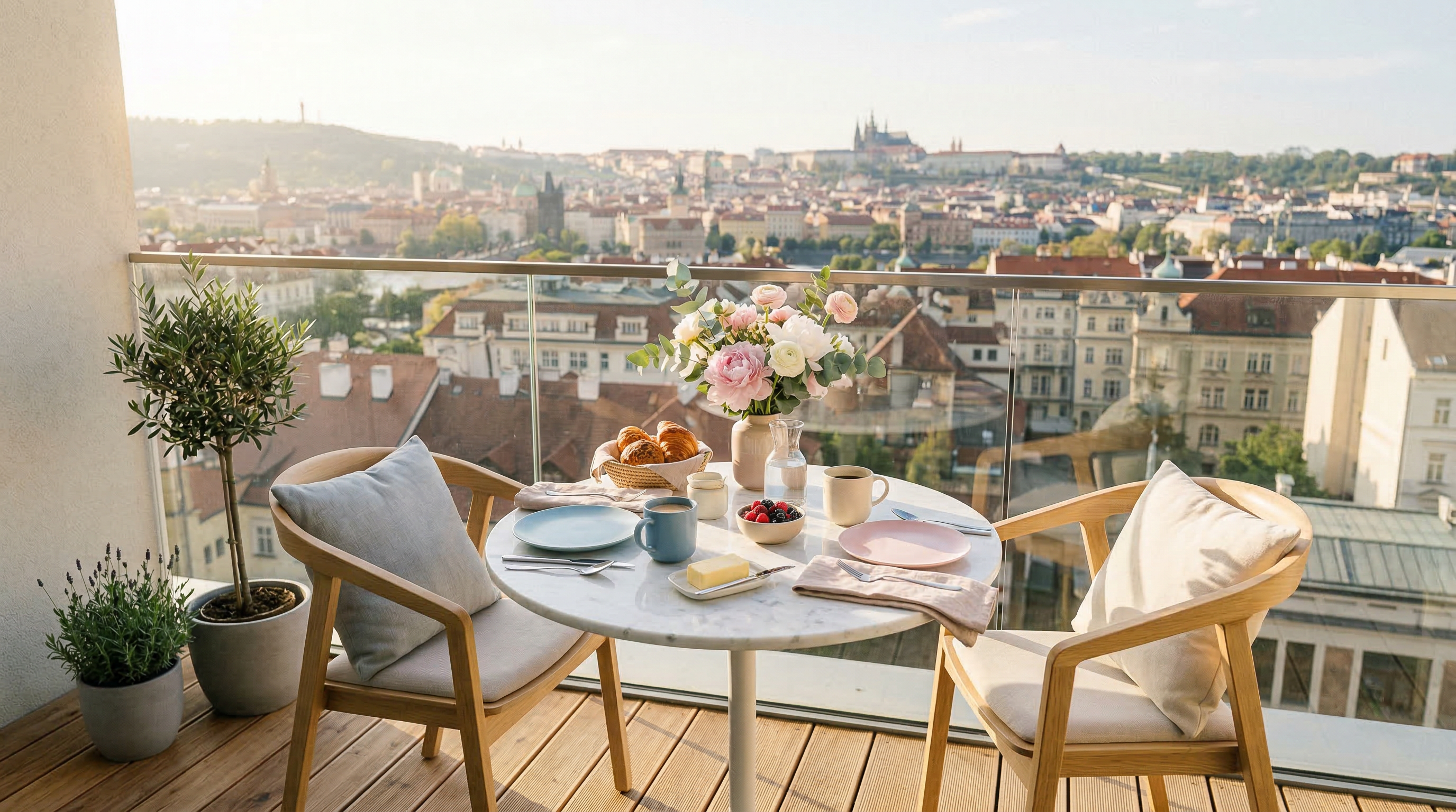 Мини-столовая на балконе — круглый столик, завтрак, цветы, утренний свет