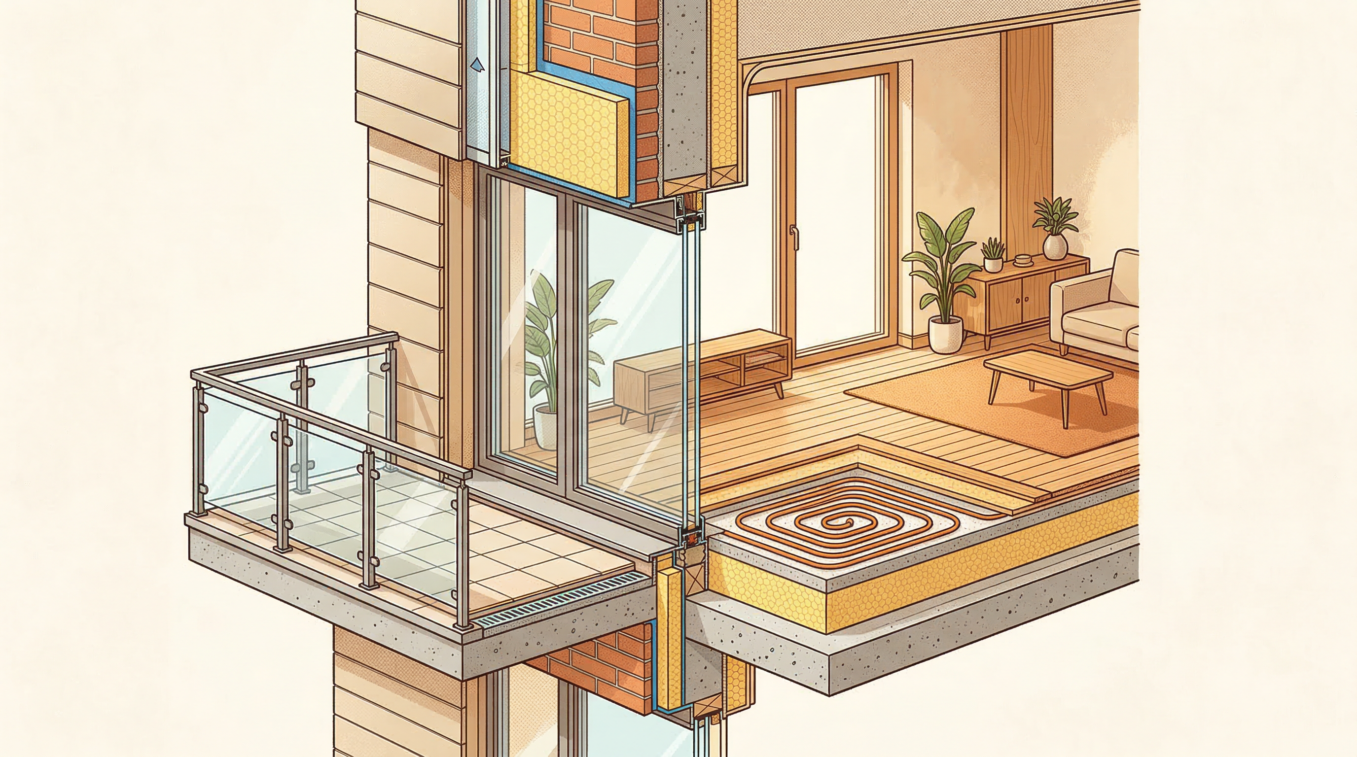 Схема утепления балкона: слои изоляции, тёплый пол, остекление