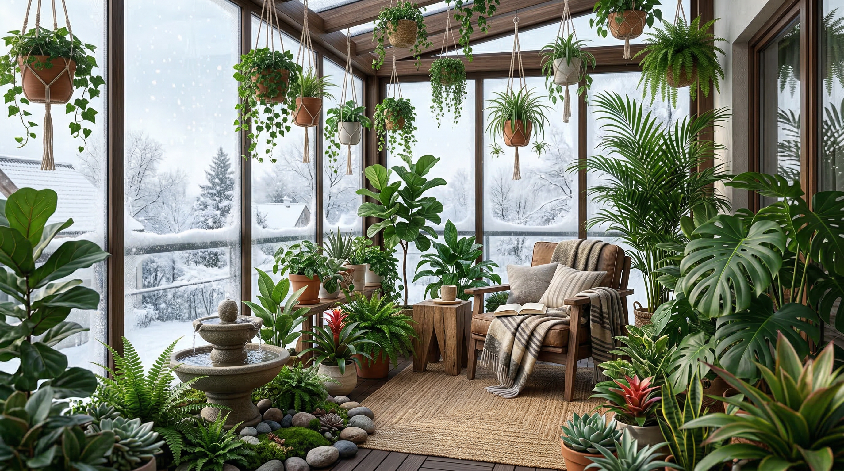 Зимний сад на утеплённом балконе — тропические растения, подвесные кашпо, кресло для чтения, снежный пейзаж за окном