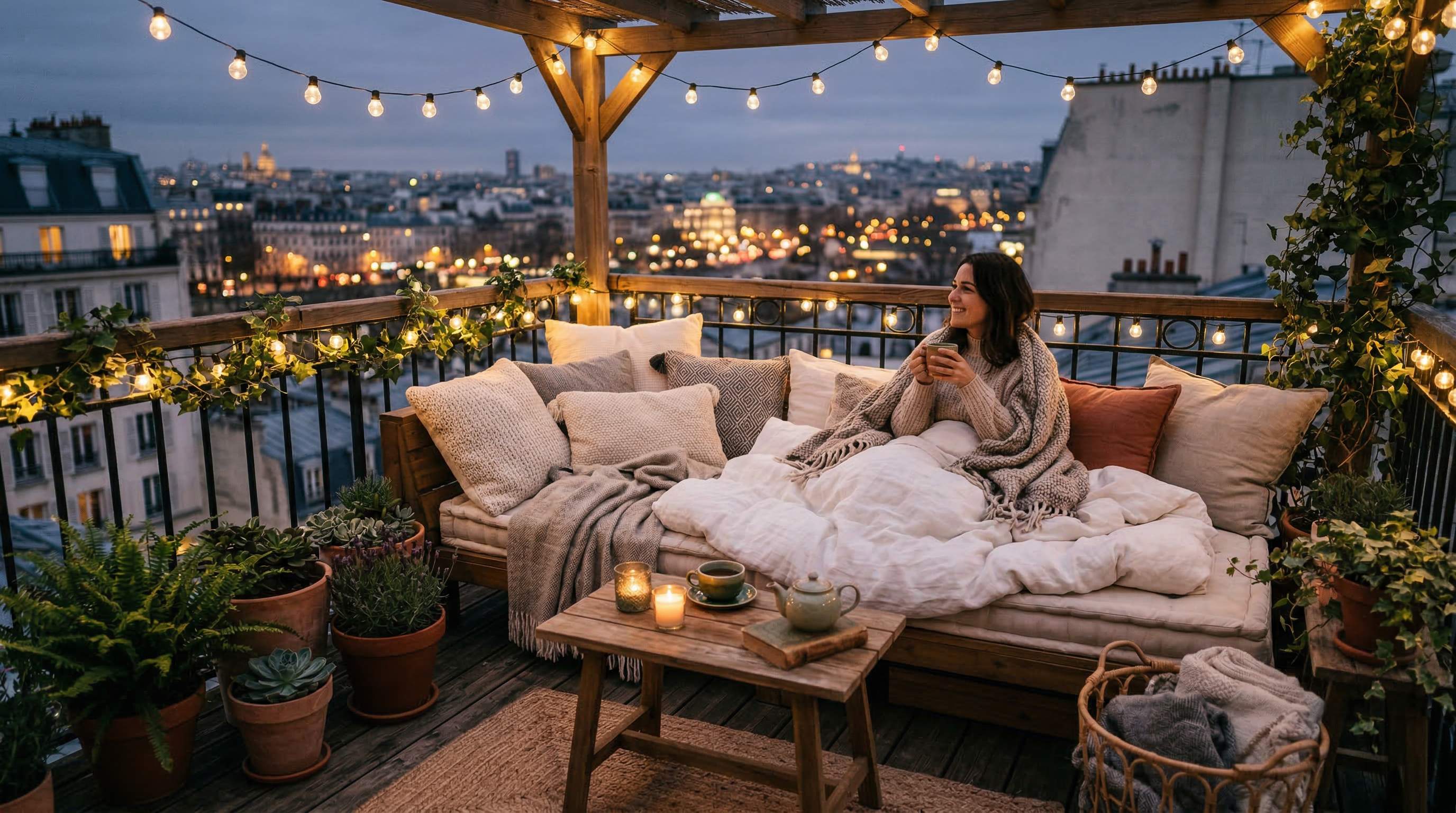 Уютная зона отдыха на балконе — мягкий диван, подушки, гирлянды, вечерний город