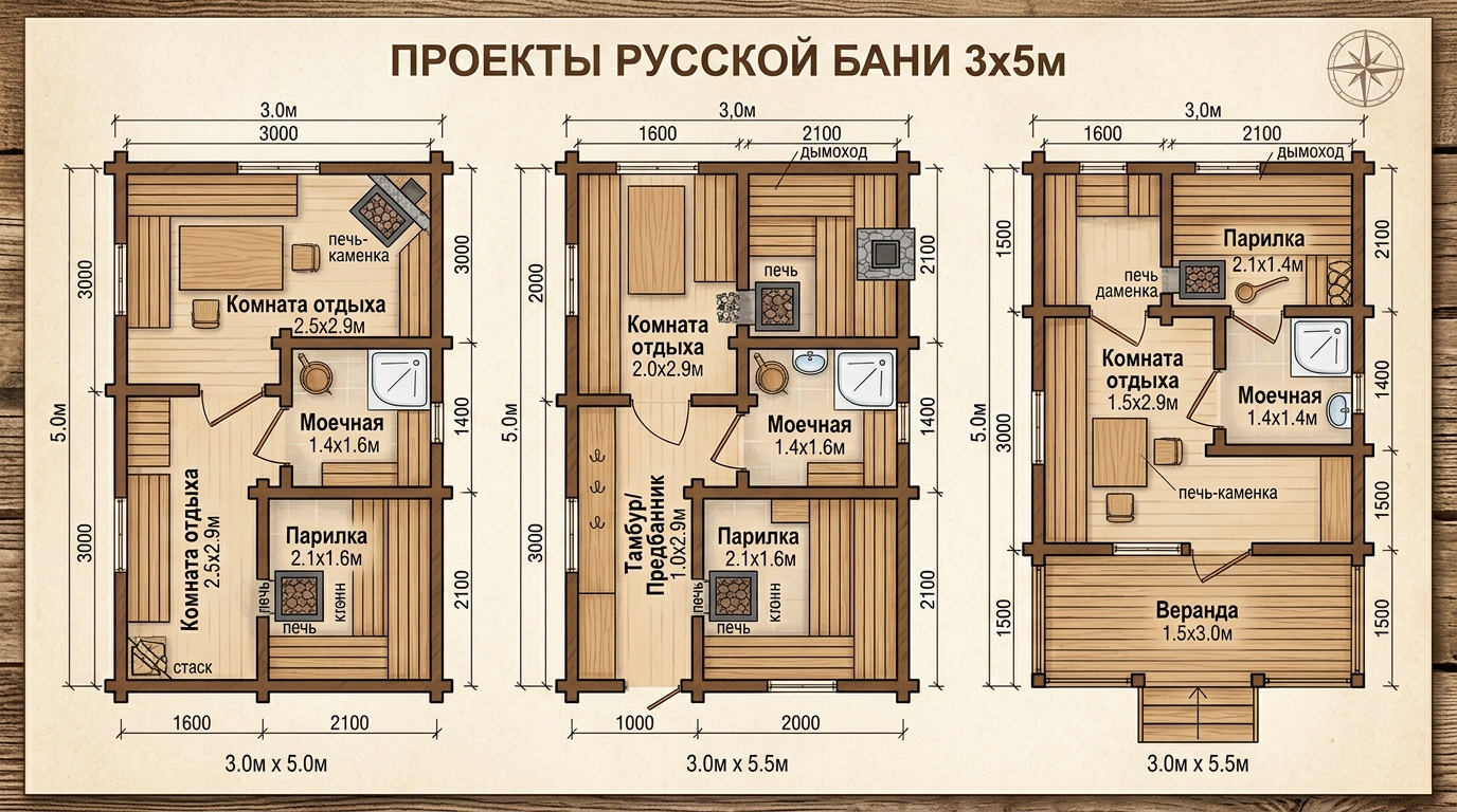 Планировки бани 3×5 — проекты 1, 2 и 3 с размерами комнат