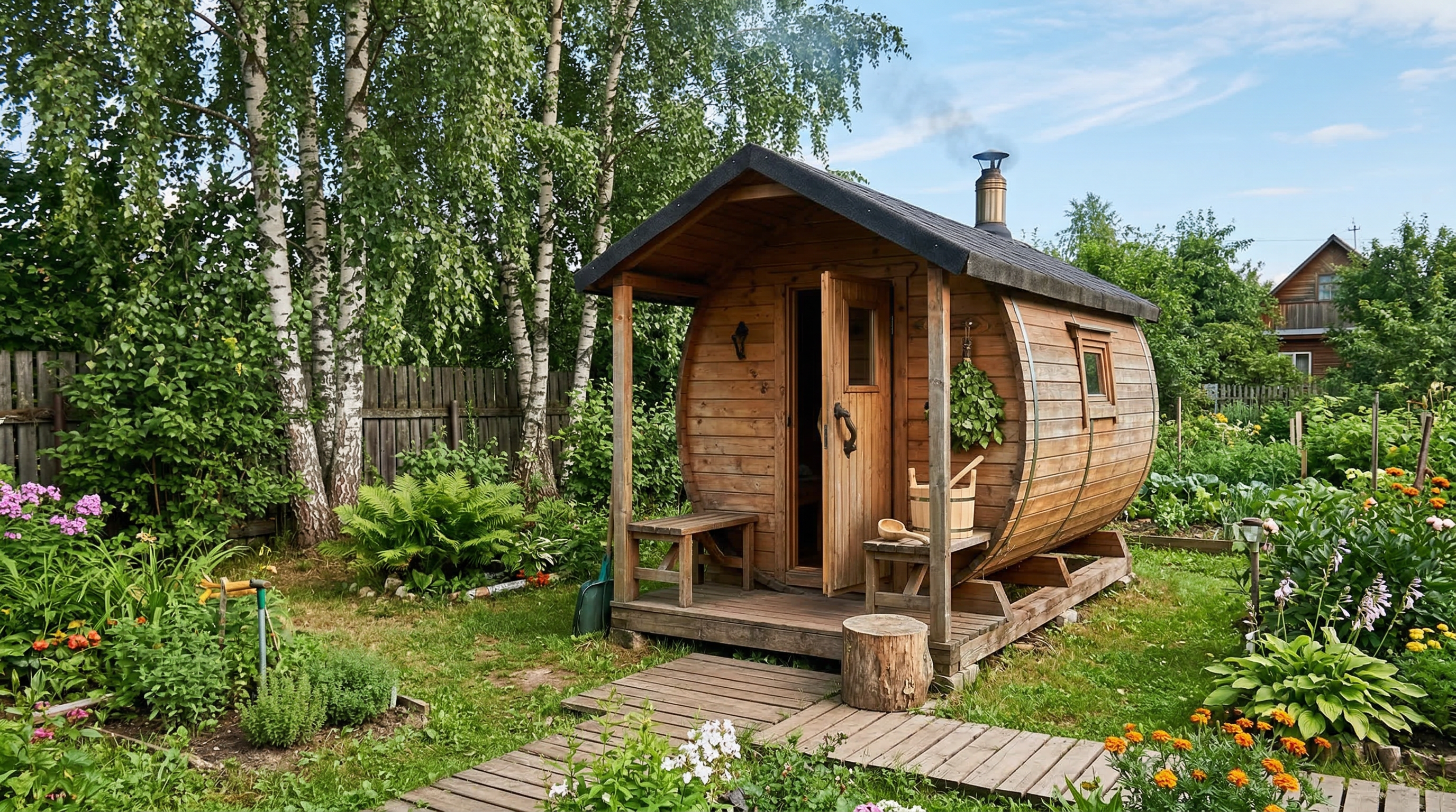 Баня-бочка в углу участка — компактное решение для маленькой дачи