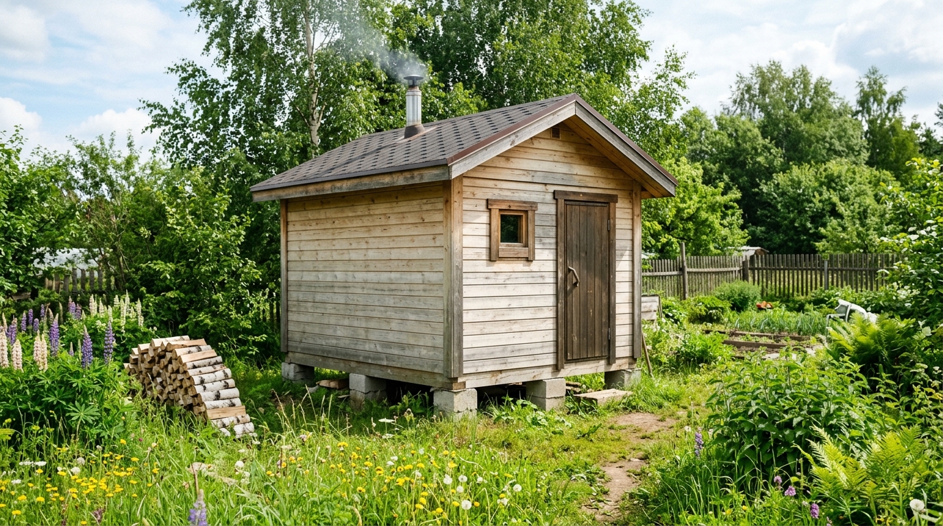 Каркасная баня 3×5 на дачном участке с лёгким фундаментом