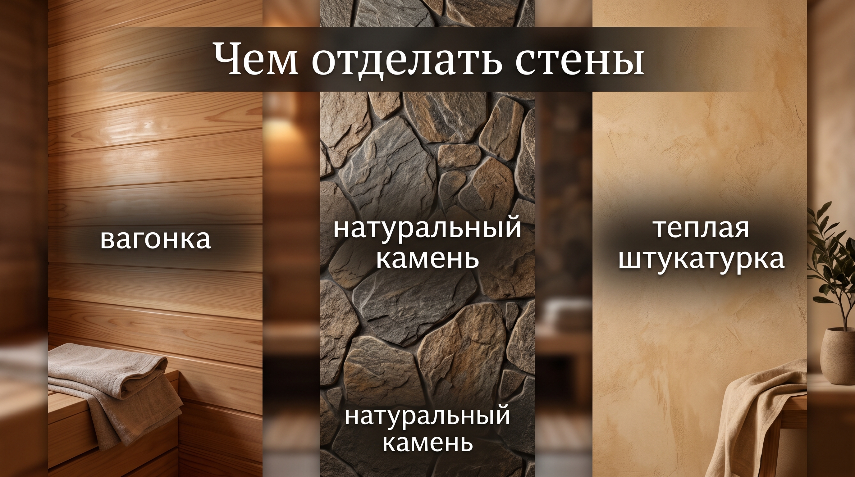 Варианты отделки стен комнаты отдыха в бане — вагонка, натуральный камень, тёплая штукатурка