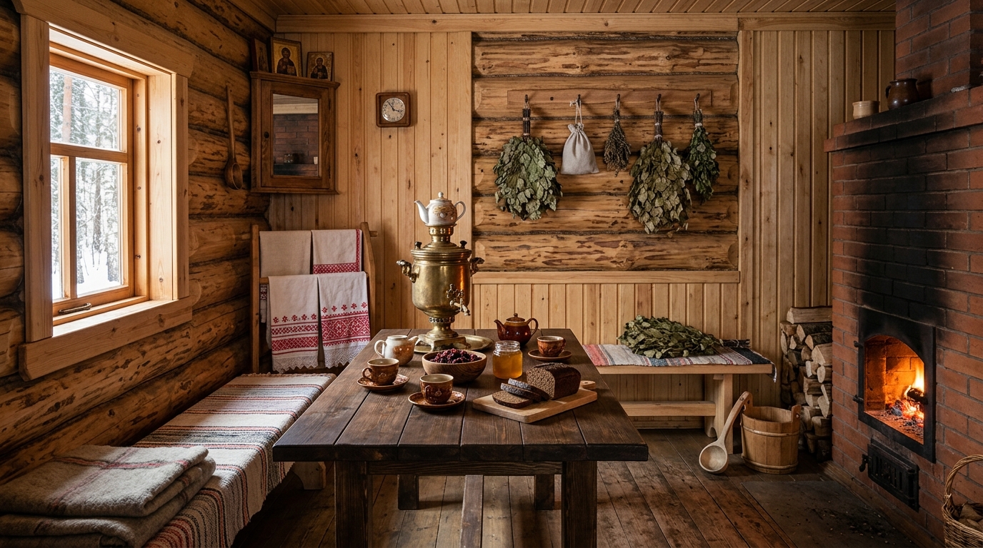 Комната отдыха в бане в стиле русская изба с самоваром и вениками