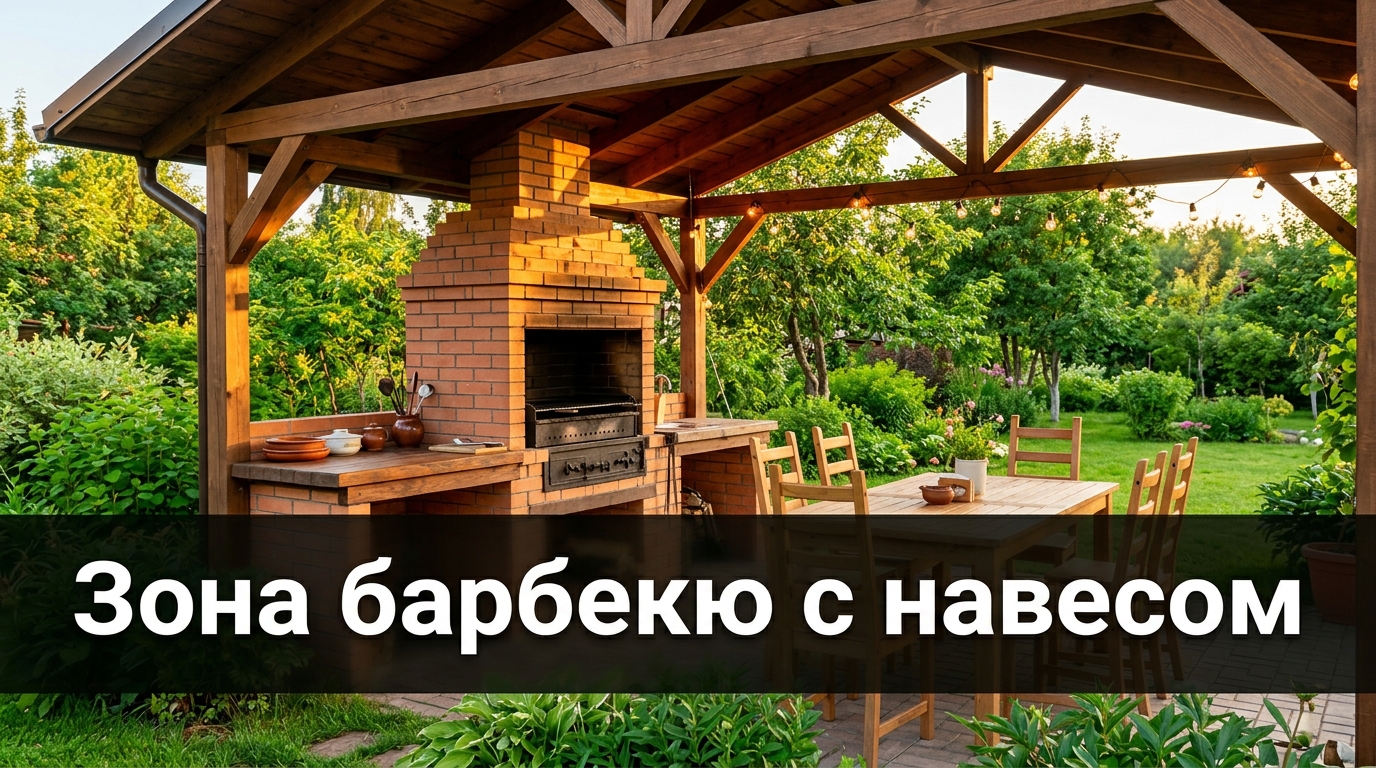 Зона барбекю с навесом на даче — крытая зона готовки от мангала до летней кухни