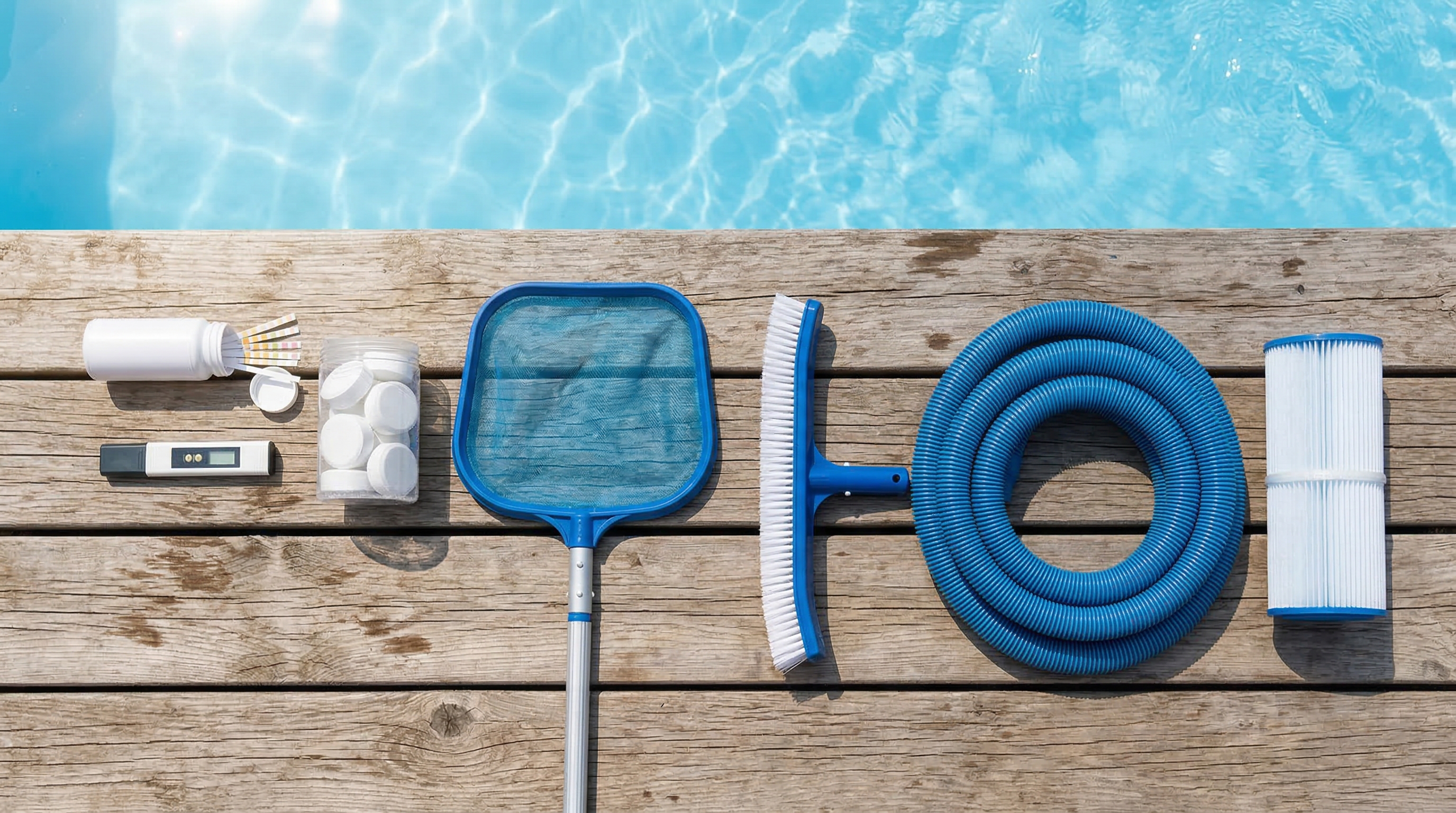 Оборудование для обслуживания бассейна — тест-полоски, сачок, щётка, фильтр