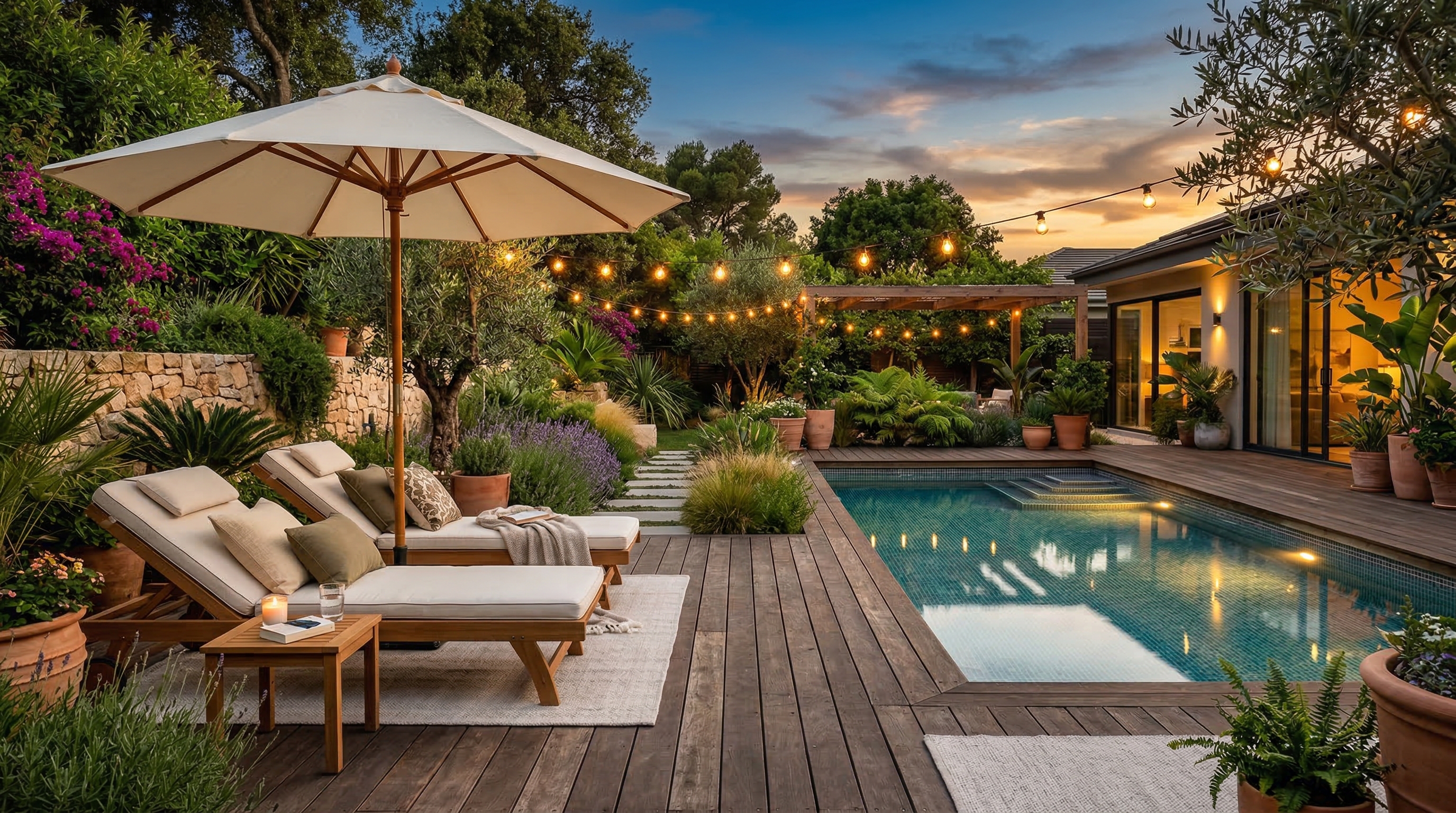 Зона отдыха у бассейна — деревянная терраса, шезлонги, декоративные растения, гирлянды