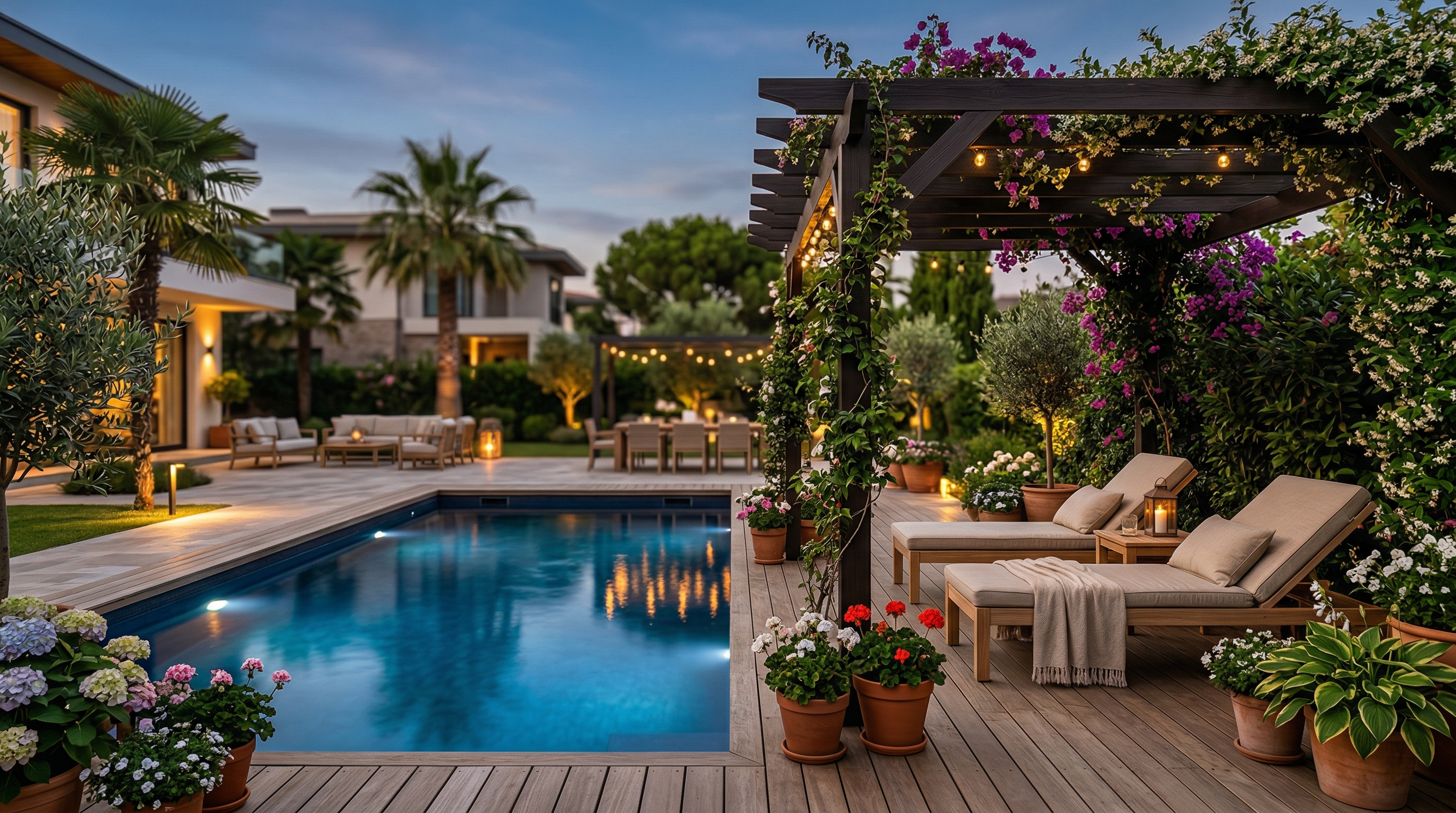 Зона отдыха у бассейна с шезлонгами, перголой и подсветкой