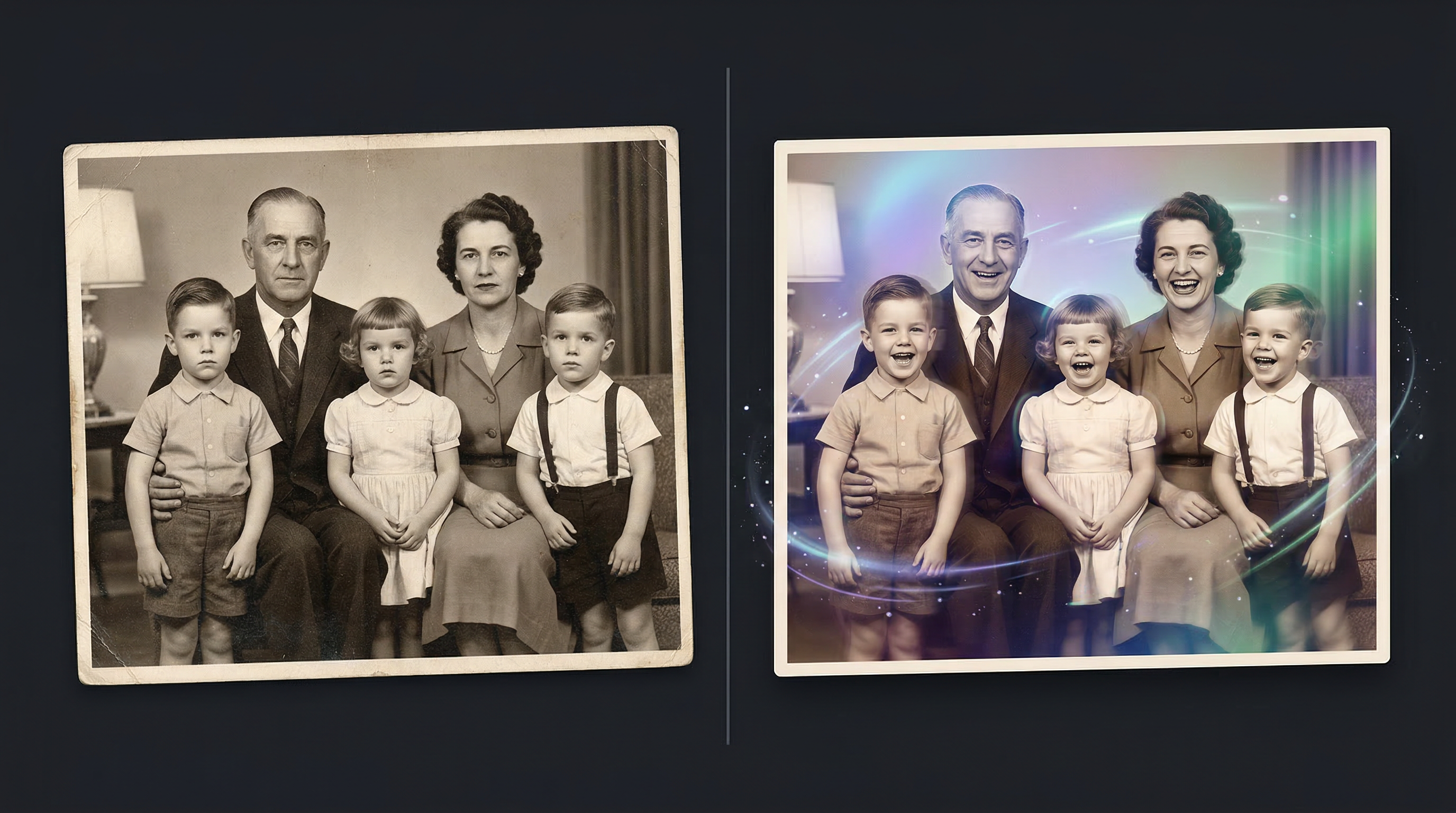 До и после оживления старой семейной фотографии нейросетью