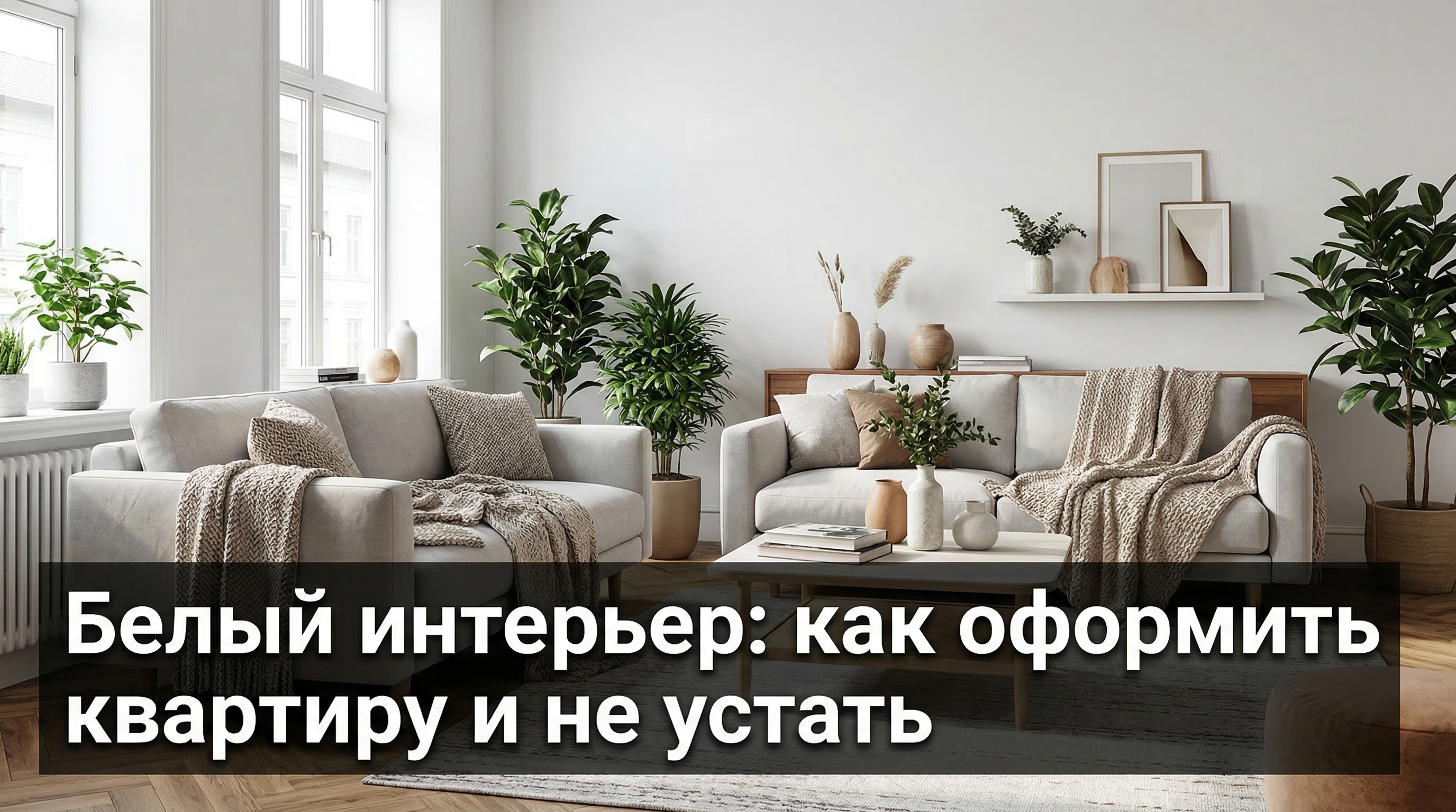 Белый интерьер квартиры в скандинавском стиле с текстурным декором и живыми растениями