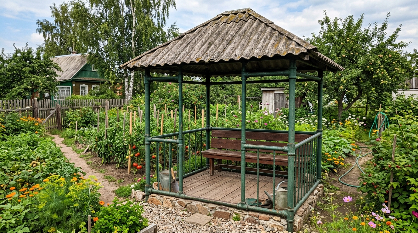 Беседка с зелёным металлическим каркасом и крышей из старого шифера в огороде