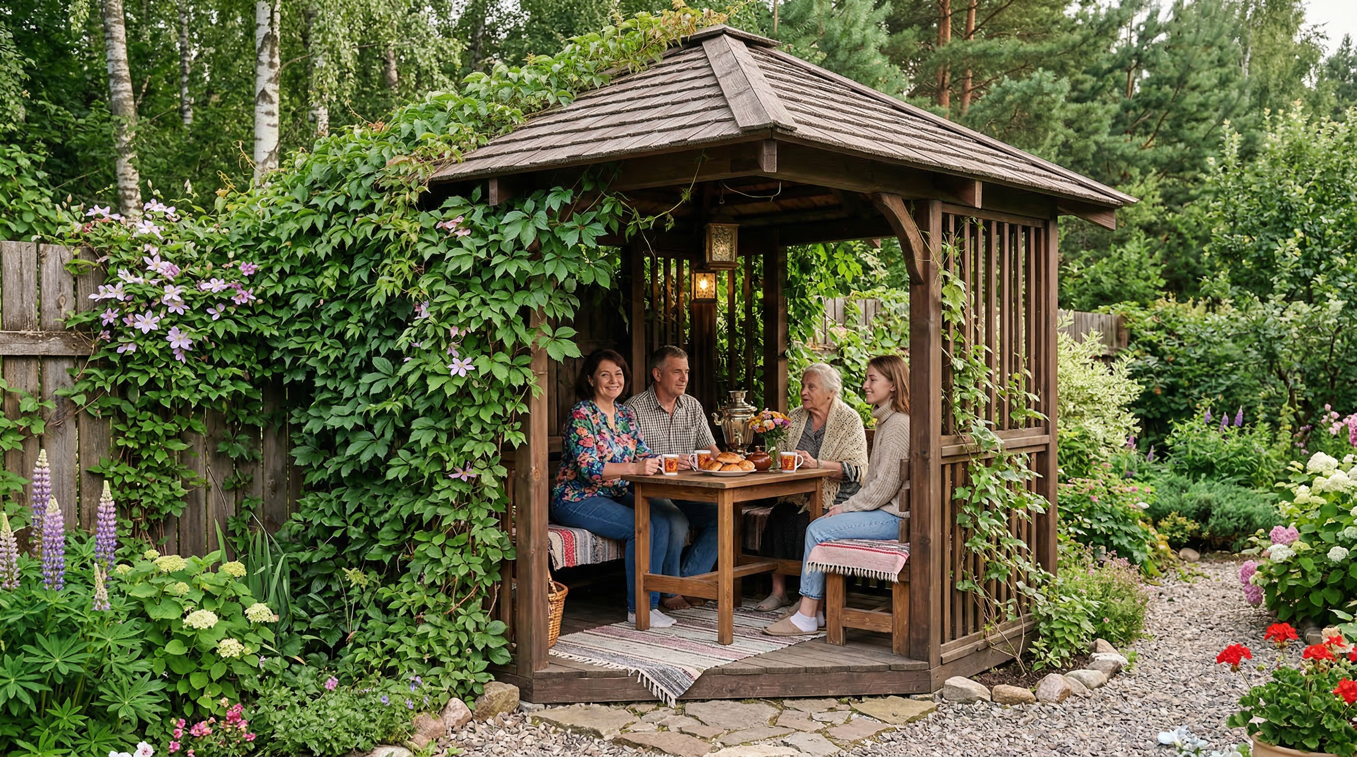 Угловая деревянная беседка у забора — уютное место для отдыха на маленьком участке