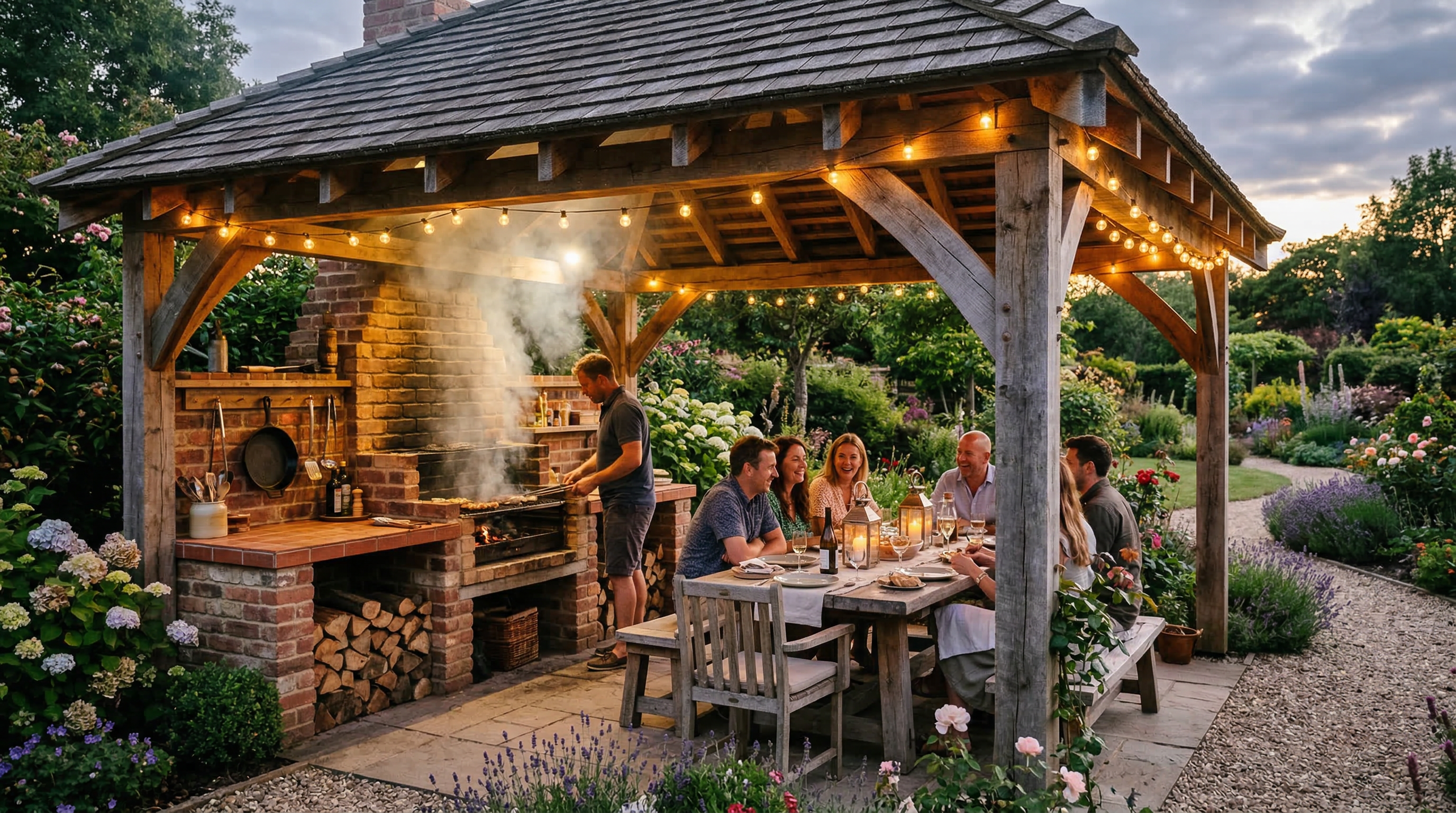 Деревянная беседка с кирпичным мангалом и обеденной зоной