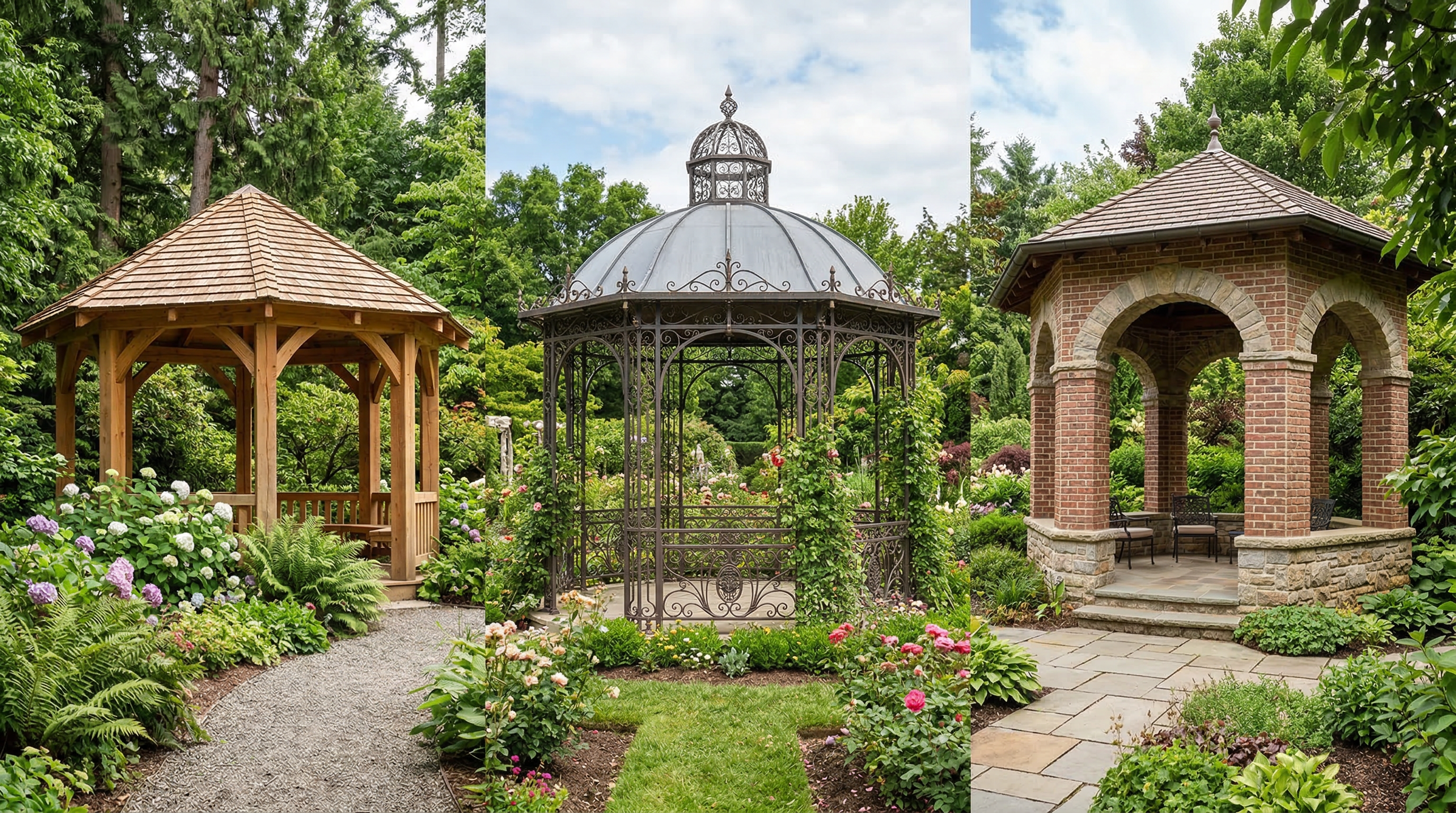 Беседки из разных материалов: дерево, кованый металл, кирпич и камень