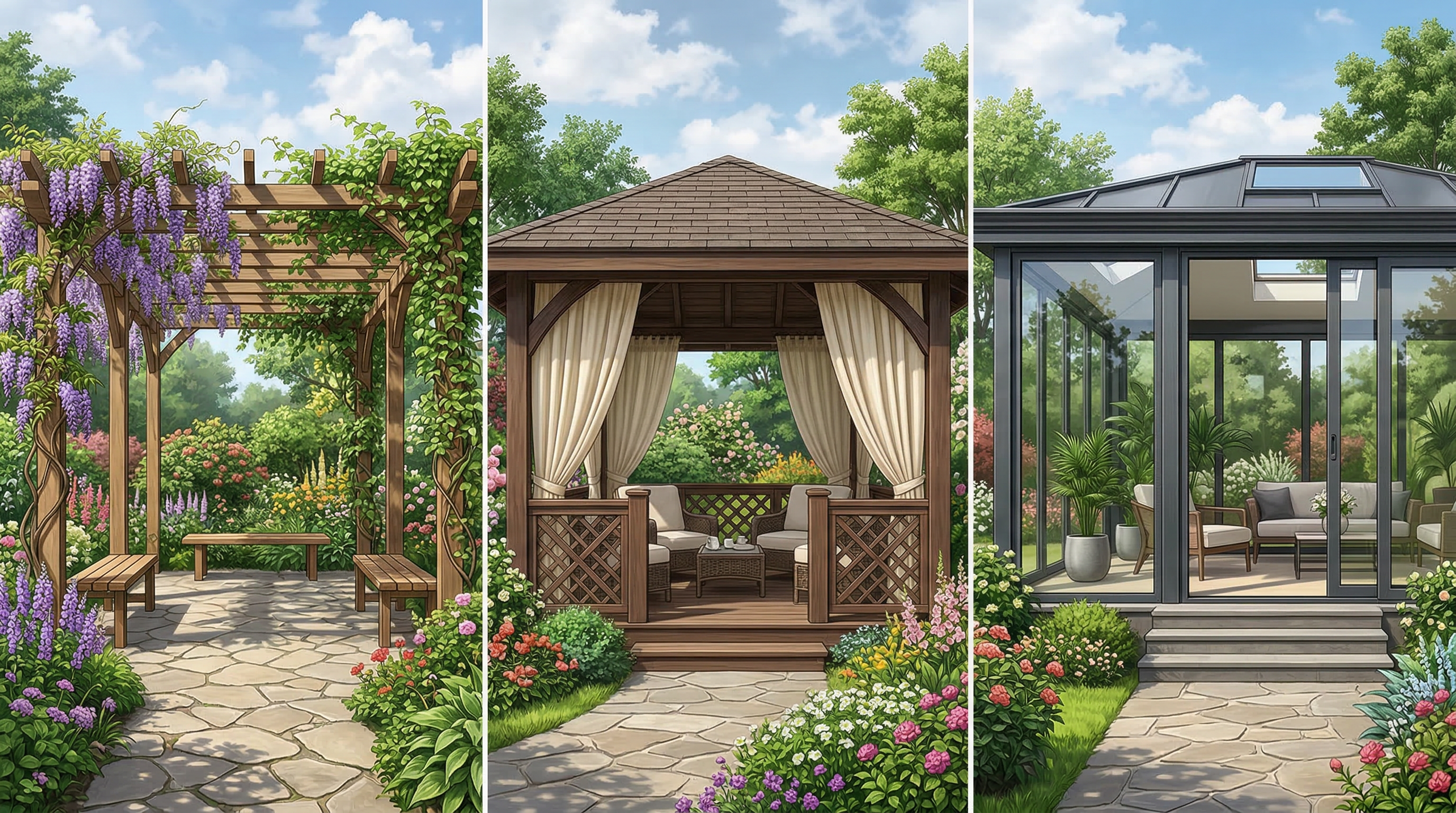 Три типа беседок: открытая пергола, полуоткрытая беседка с перилами, закрытый павильон