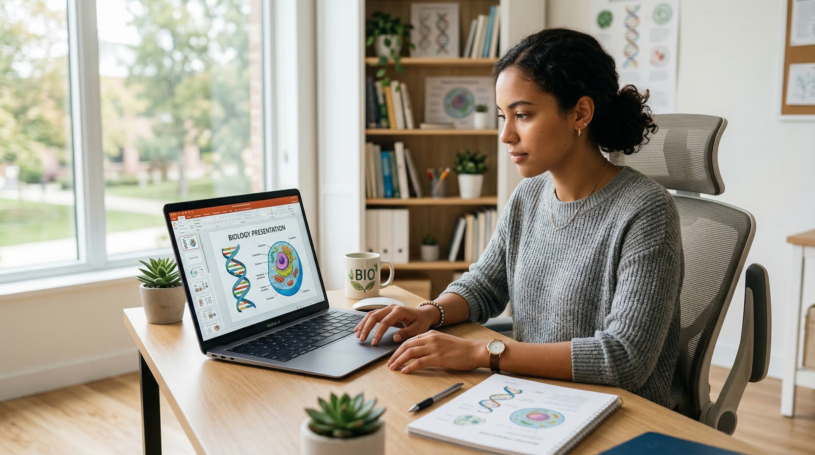 Студентка создаёт презентацию по биологии на ноутбуке с помощью нейросети