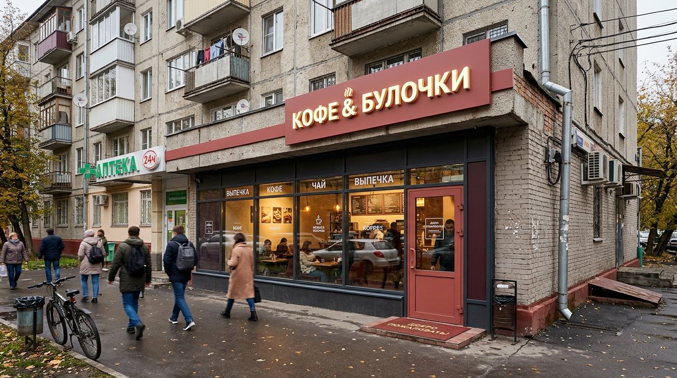Брендированный фасад кофейни в едином фирменном стиле