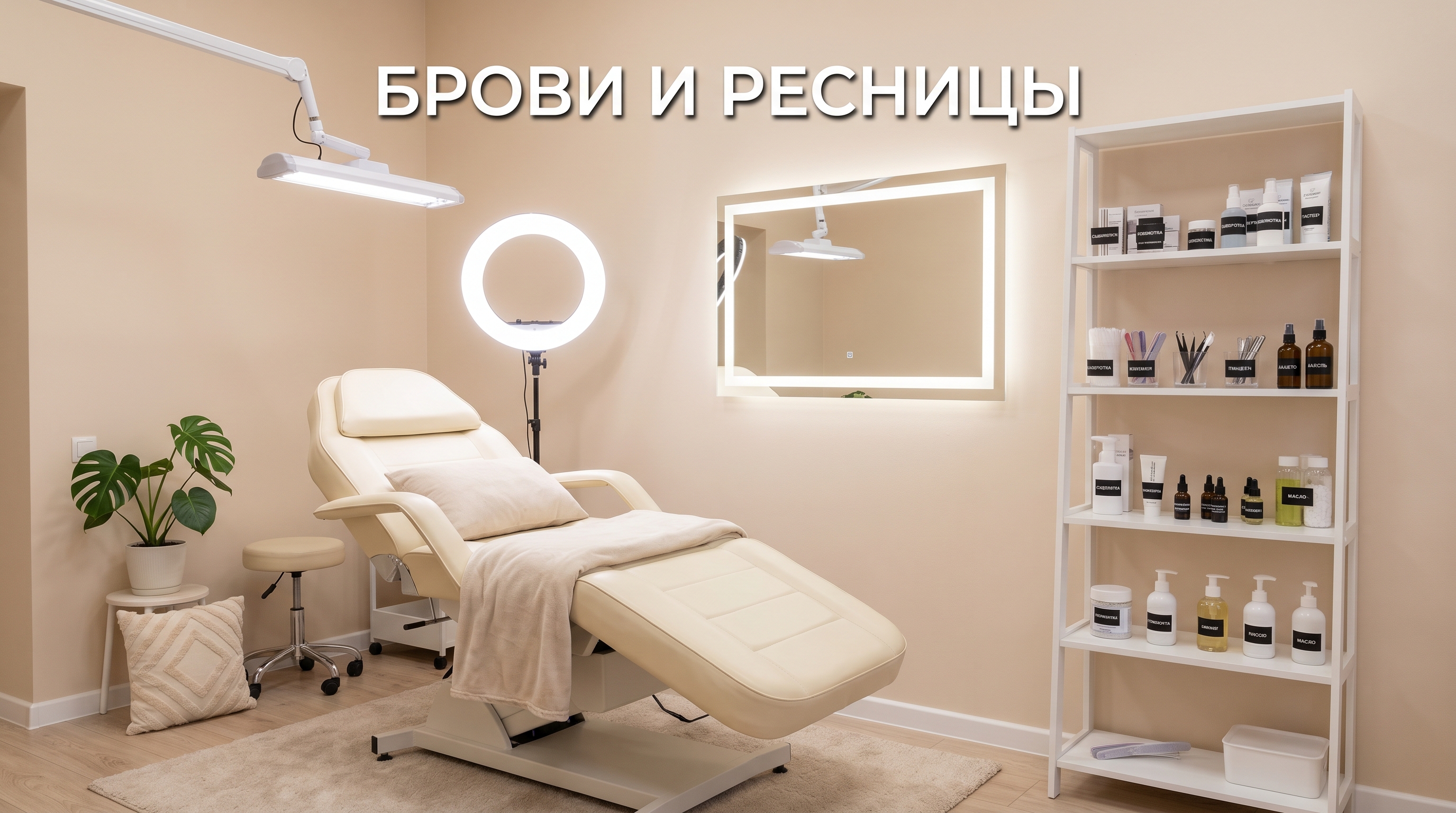 Интерьер студии бровей и ресниц — кушетка и бестеневая лампа