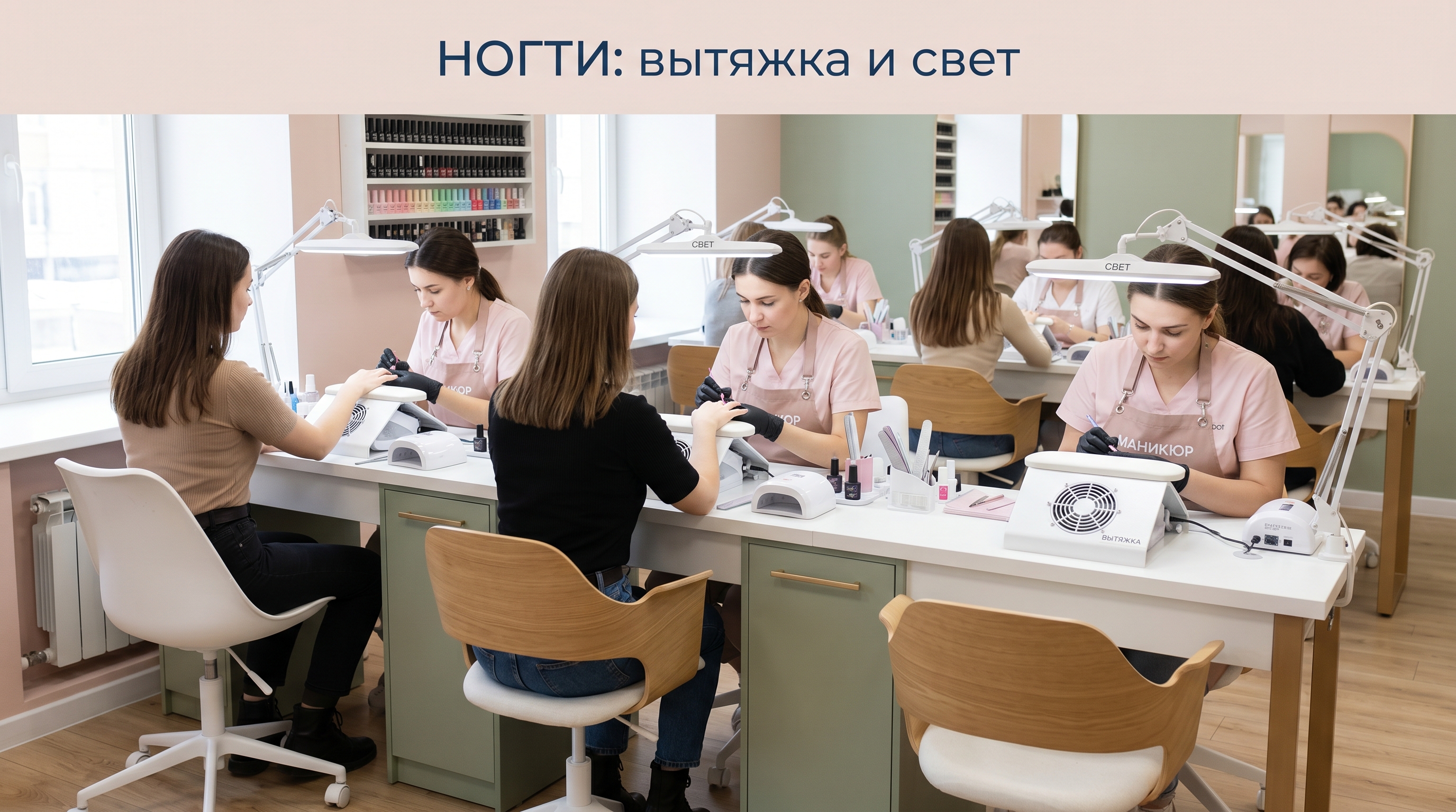 Интерьер ногтевой студии — столы с вытяжками и лампами