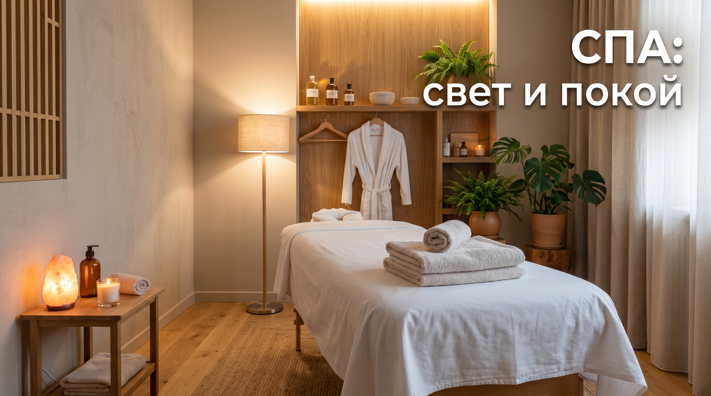 Интерьер спа-салона — массажный кабинет с мягким светом