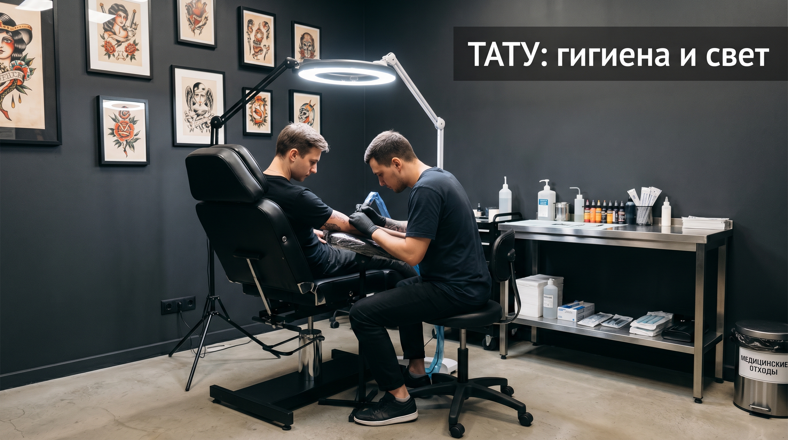 Интерьер тату-студии — чистая рабочая зона и яркий свет
