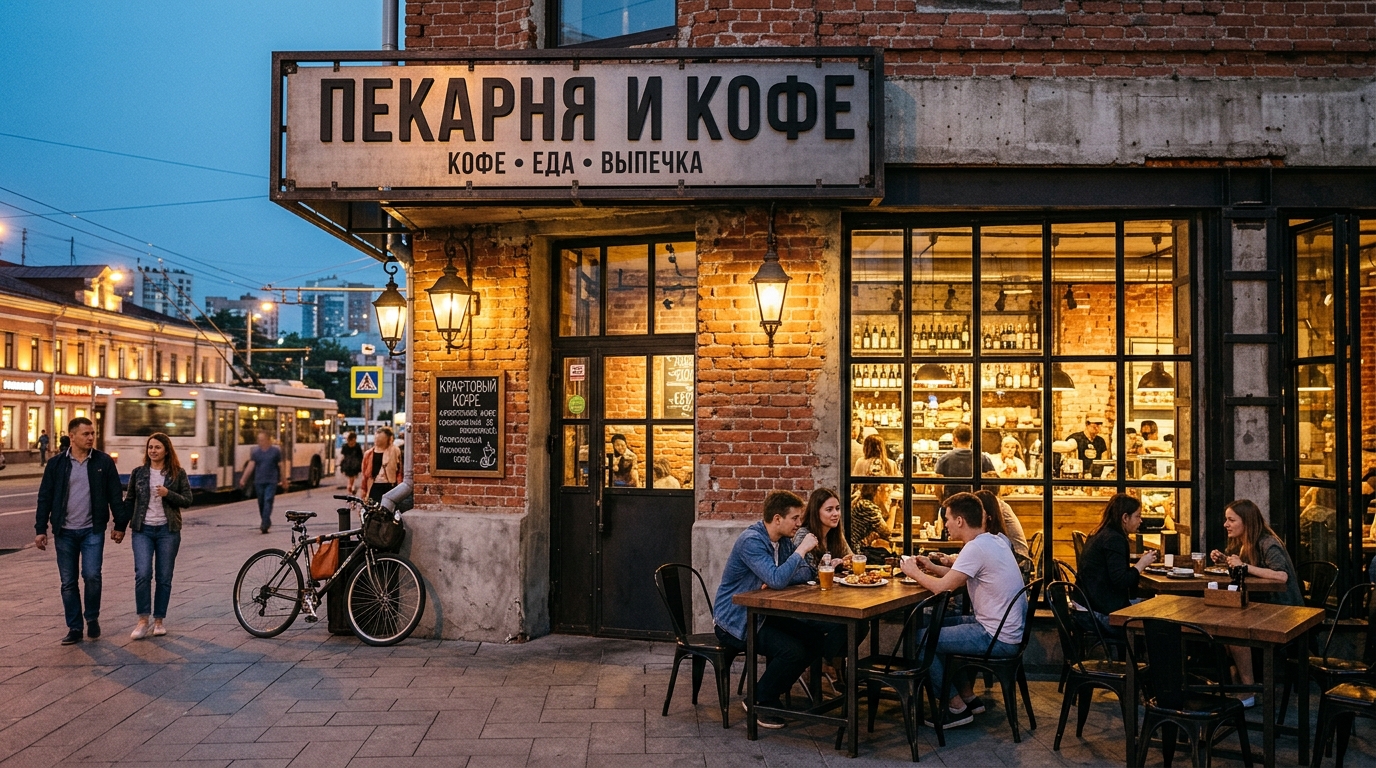 Лофт-фасад кафе: открытый красный кирпич, чёрные металлические рамы, чугунные фонари