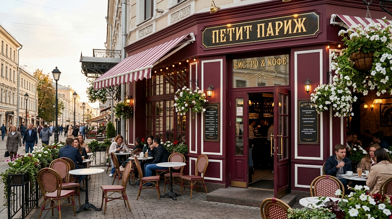 Французское бистро: бордовый фасад с белой отделкой, полосатая маркиза, плетёные стулья на тротуаре