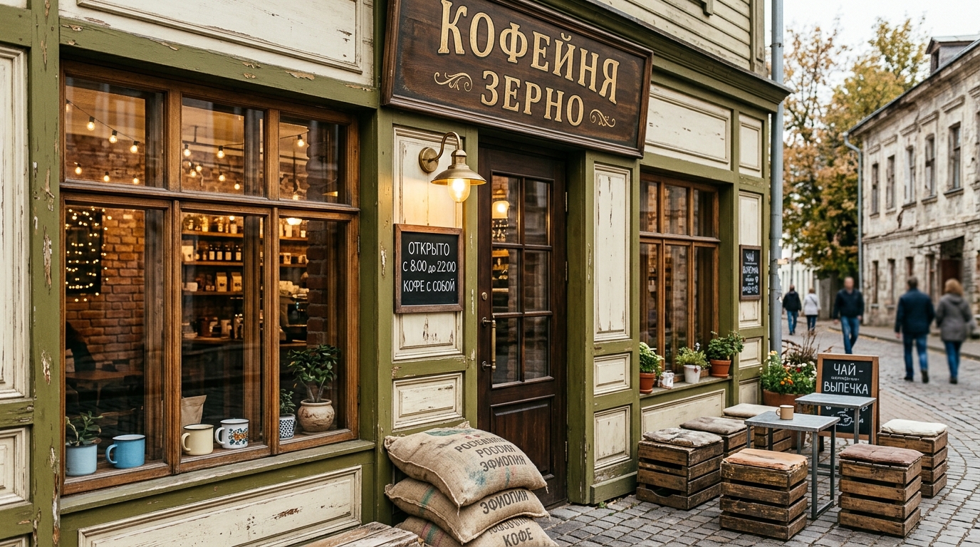 Винтажный фасад кофейни: облупленная краска оливкового цвета, деревянная резная вывеска, мешки с кофе