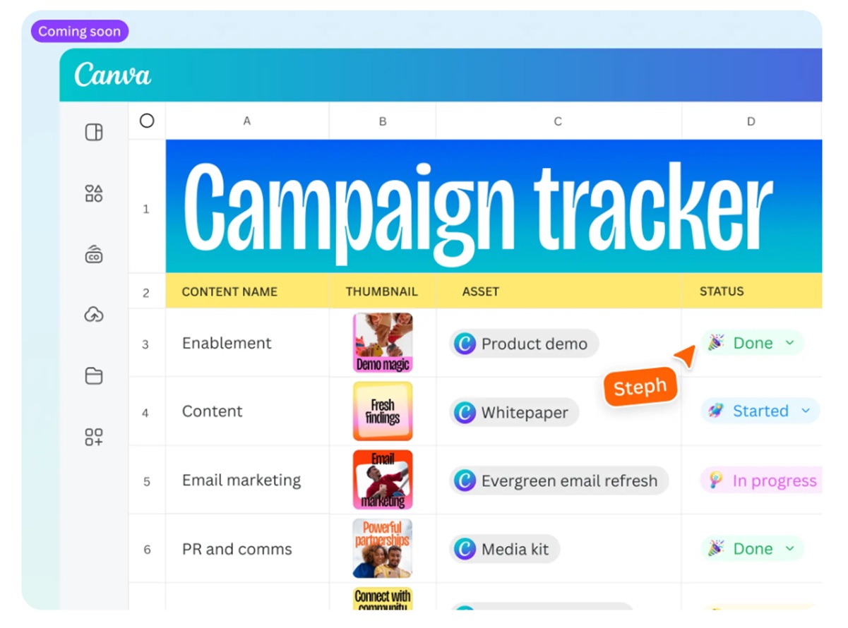 Canva Sheets с таблицей данных
