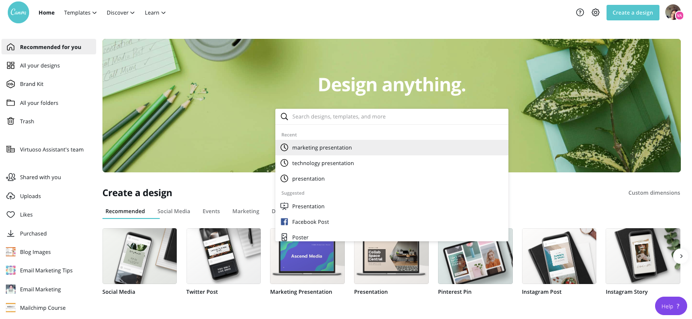 Скриншот интерфейса Canva — главная страница с поиском шаблонов